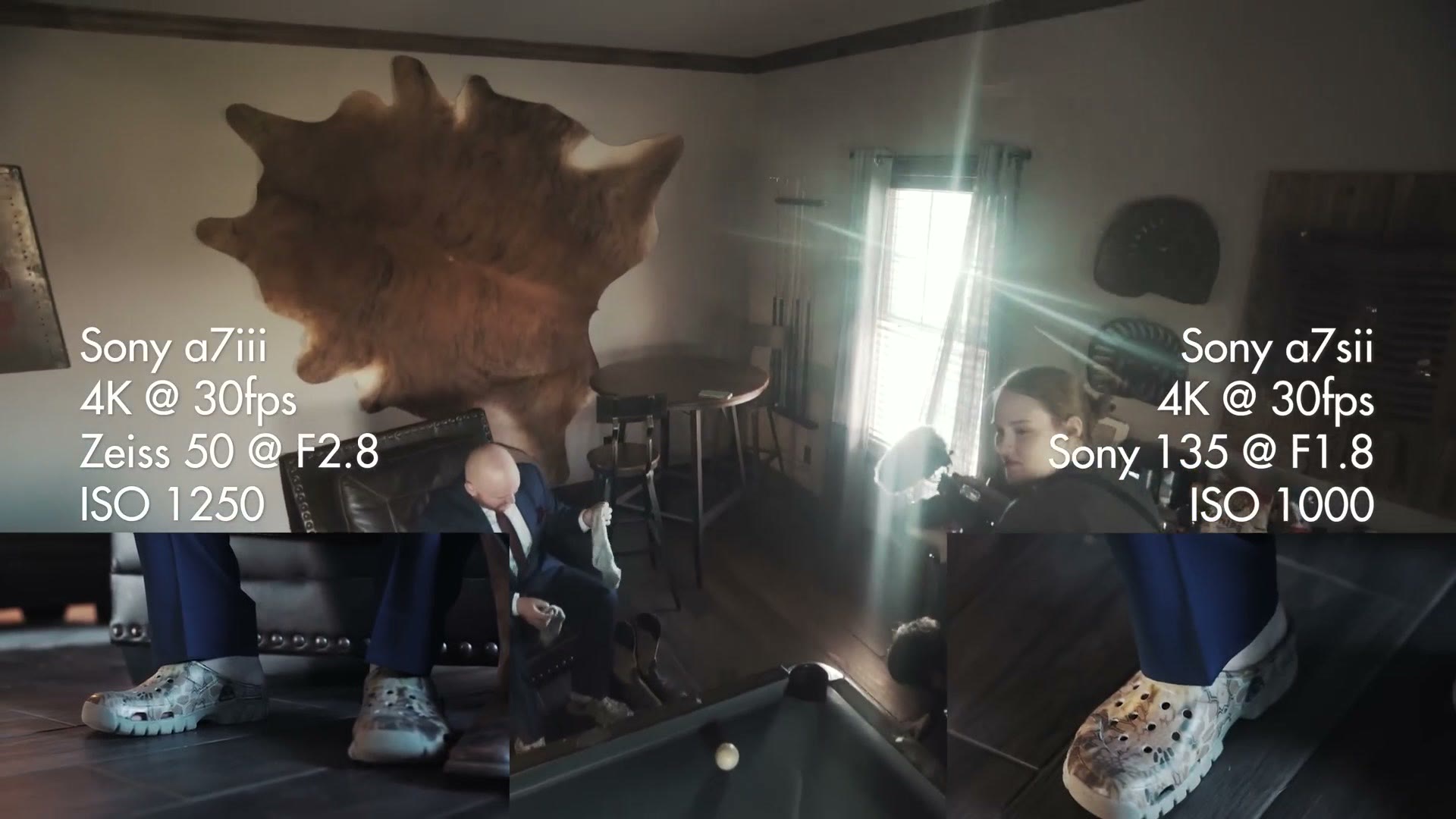 A groom in a suit sitting to change out of a pair of camo Crocs into boots, with two sets of on-screen camera settings for a Sony a7iii on a Zeiss 50 and a Sony a7sii on a 135mm.