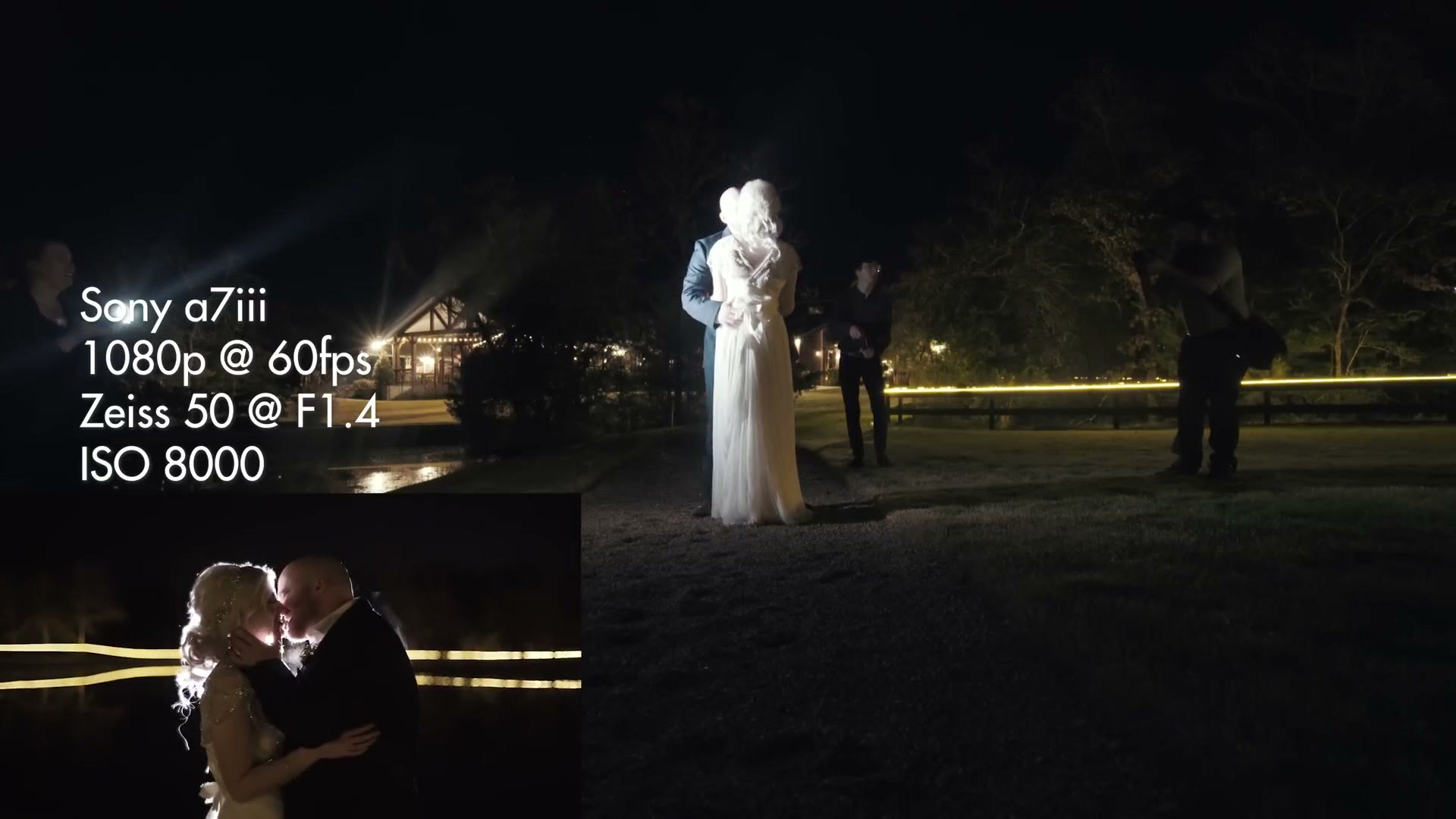 A couple lit by a single light in near total darkness outside the venue at night, with on-screen text reading Sony a7iii, 1080p at 60fps, Zeiss 50 at F1.4, ISO 8000, and an inset of them kissing.