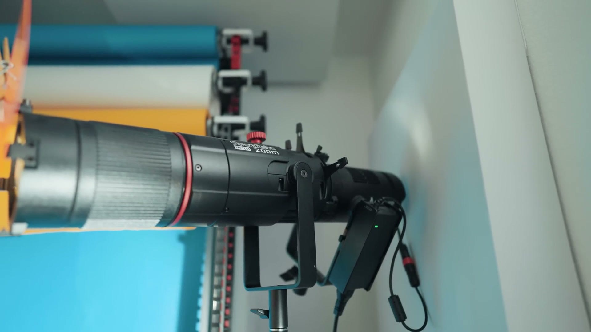 Aputure 60x light on a stand with a projection attachment
