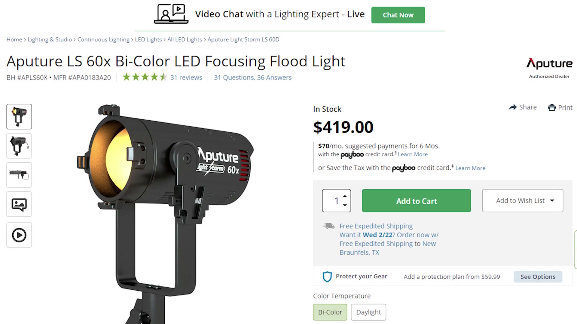 B&H product page for the Aputure LS 60x at $419