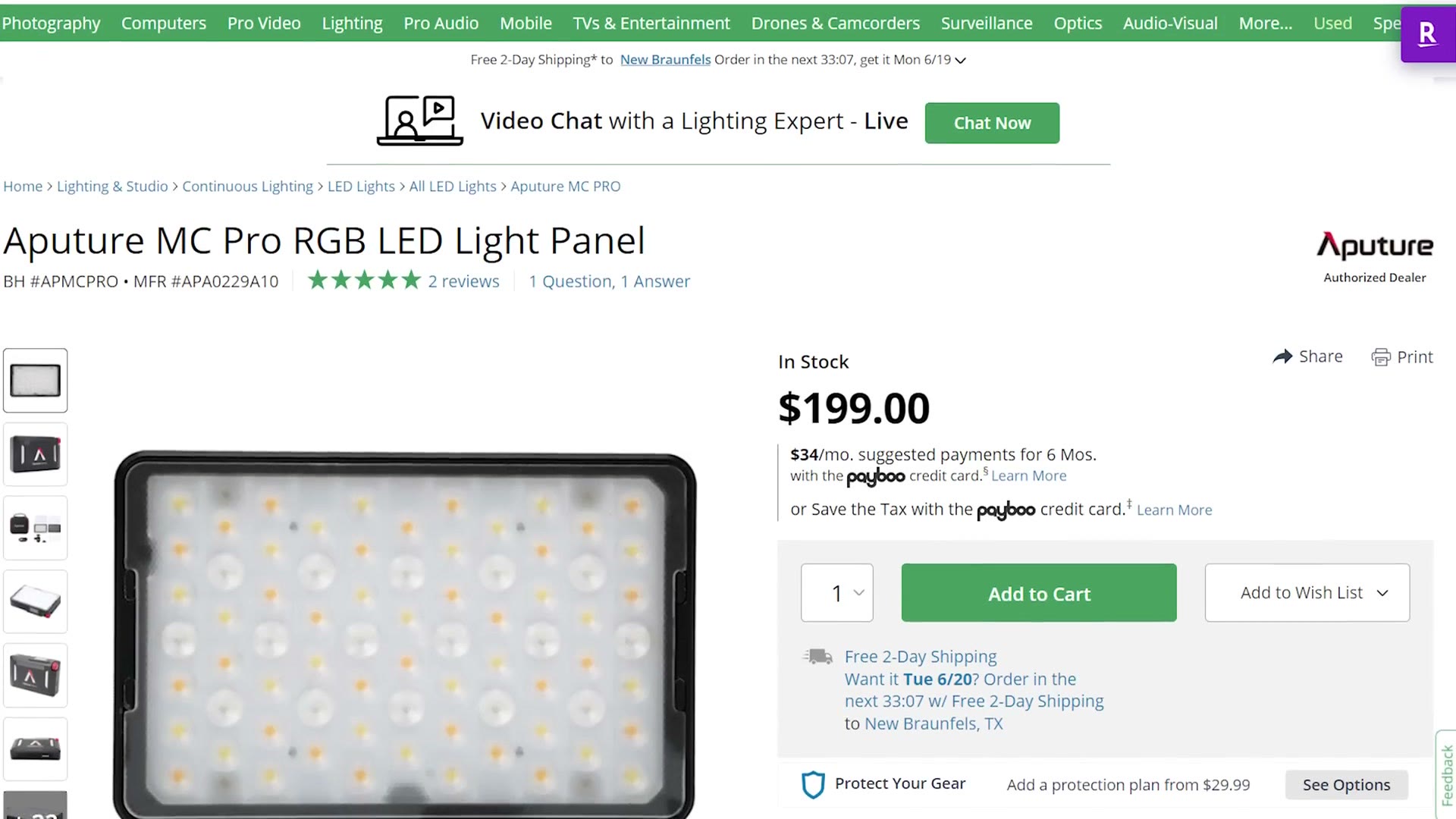 B&H product page for the Aputure MC Pro RGB LED Light Panel priced at $199