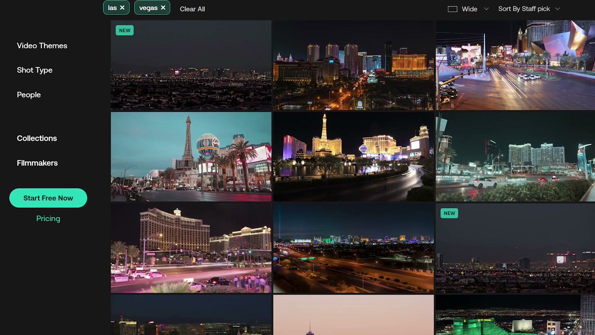 Artgrid search results for Las Vegas showing a much smaller library