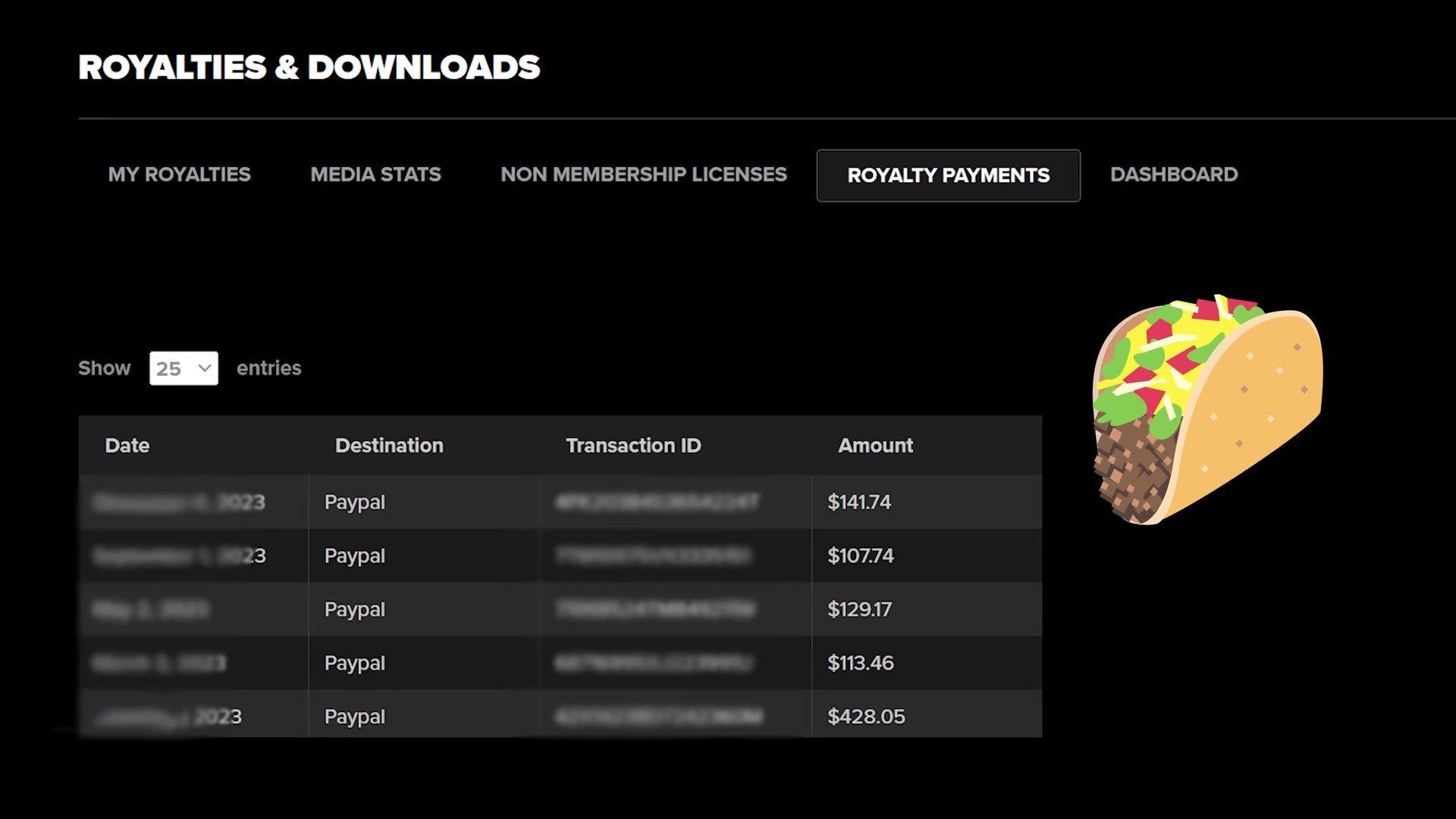 The Artgrid royalties and downloads page showing a list of royalty payments