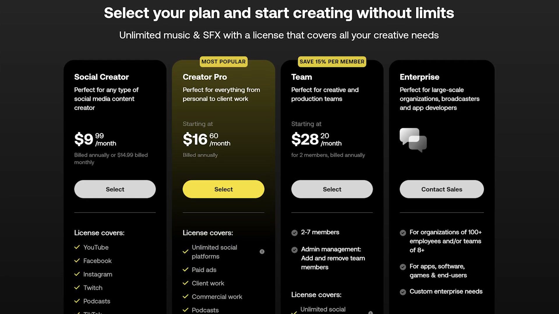 Artlist pricing tiers including Social Creator, Creator Pro, Team and Enterprise