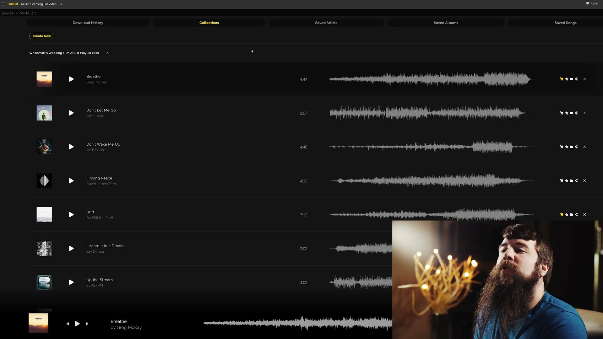 The Artlist web player showing a playlist titled WhoIsMatt's Wedding Film Artist Playlist 2019, listing Breathe by Greg McKay, Don't Let Me Go by John Isaac, Don't Wake Me Up by Josh Leake, Finding Peace by David James Terry, Drift by Be Still the Earth, I Heard It in a Dream by Jay Denton and Up the Stream by SLPSTRM