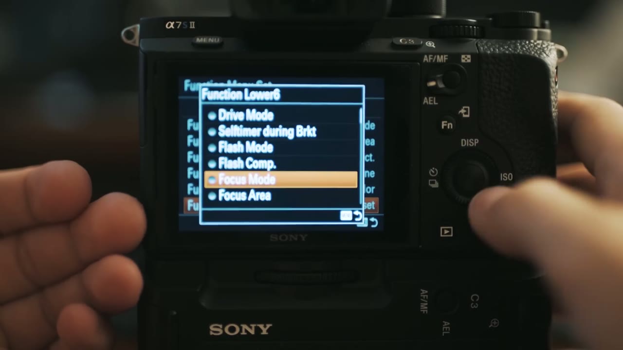 Function Lower6 assignment popup on the a7S II with Focus Mode selected from the list of options