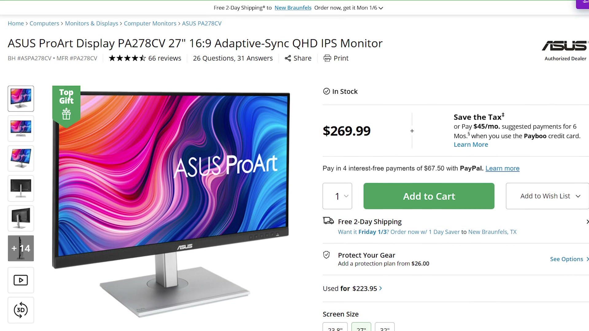 A 27 inch ASUS ProArt PA278CV QHD IPS monitor listed on B&H for $269.99