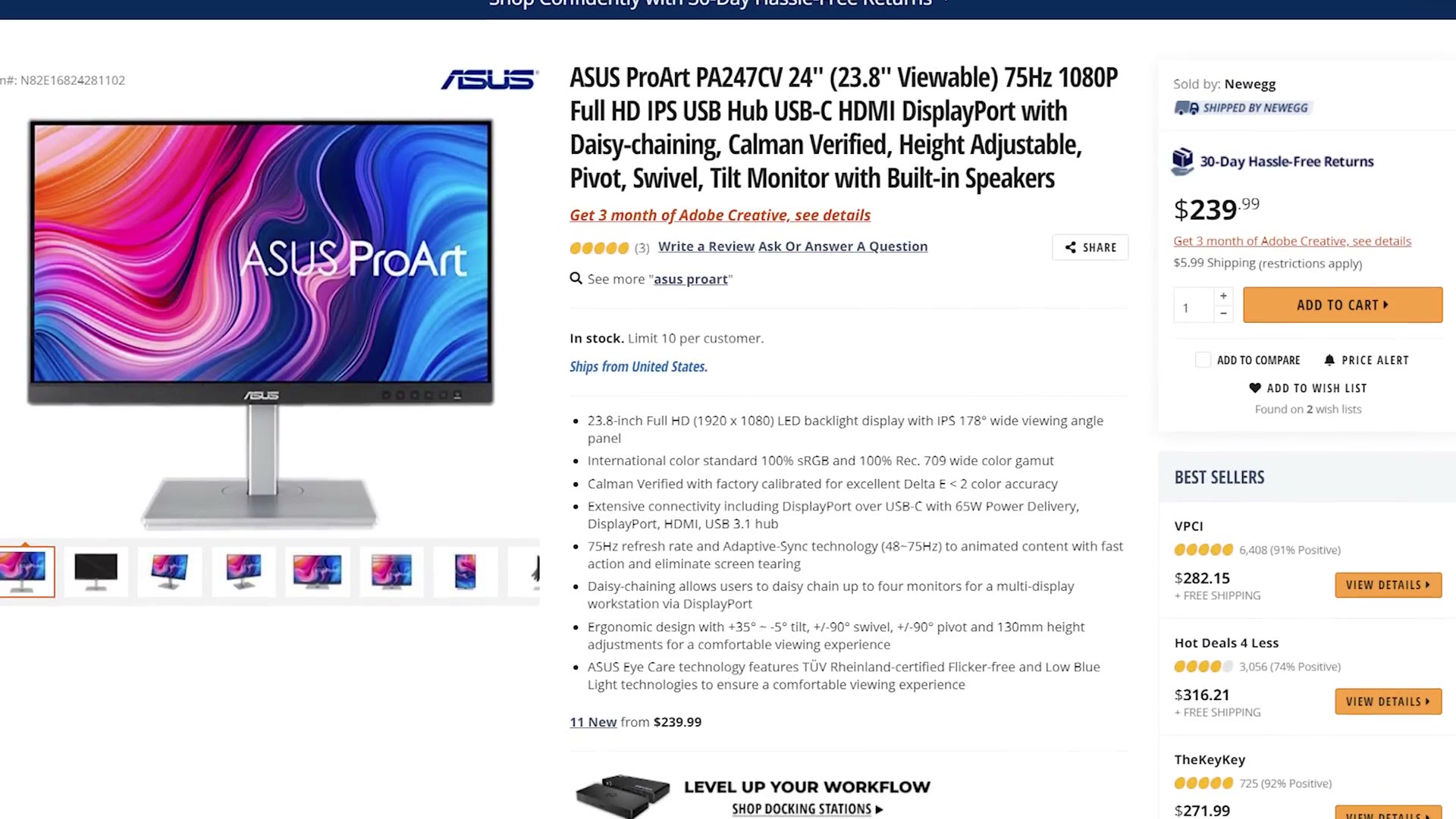 Asus ProArt PA247CV monitor listing at 239 dollars