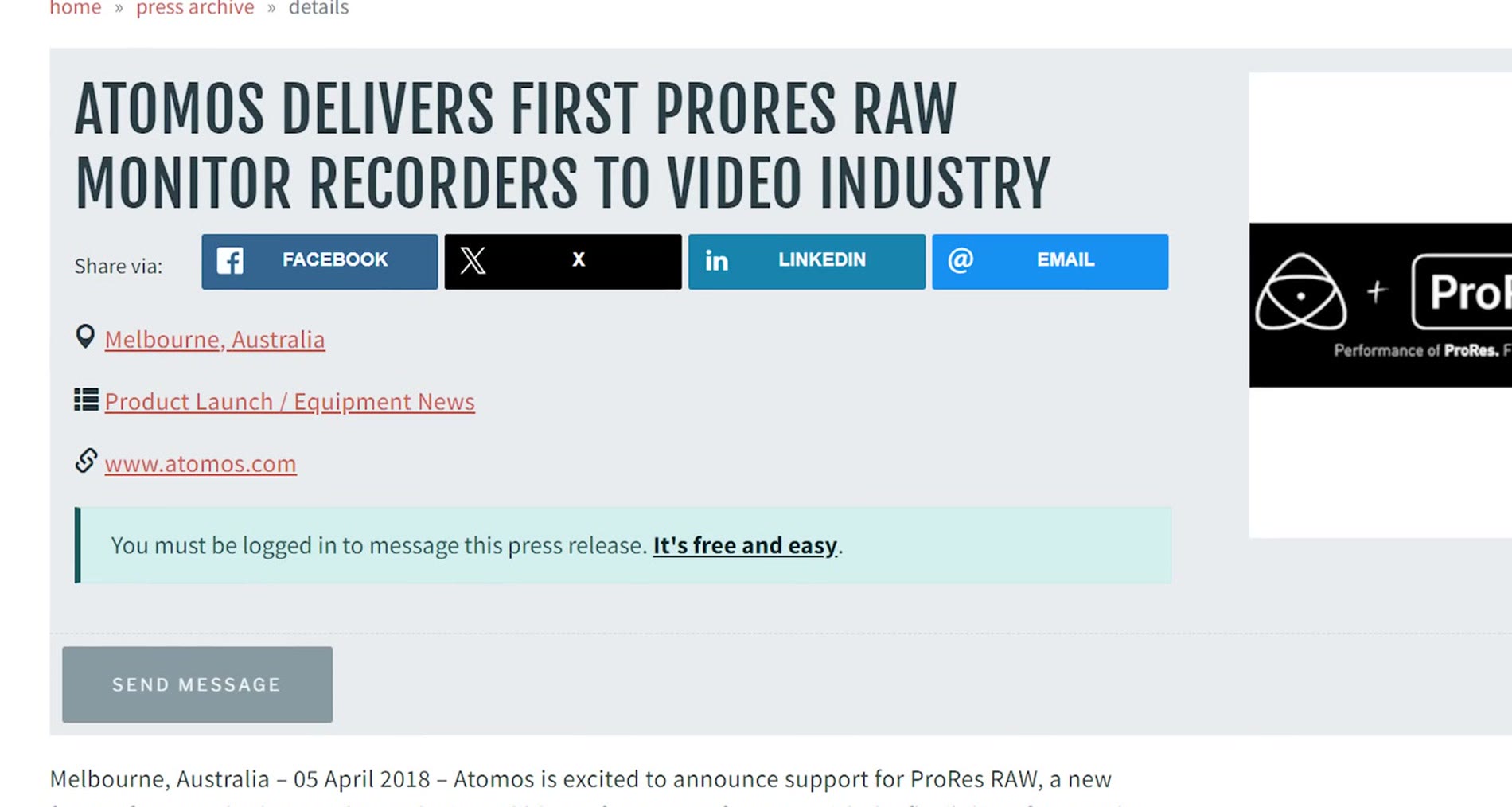Atomos press release from April 2018 announcing the first ProRes RAW monitor recorders