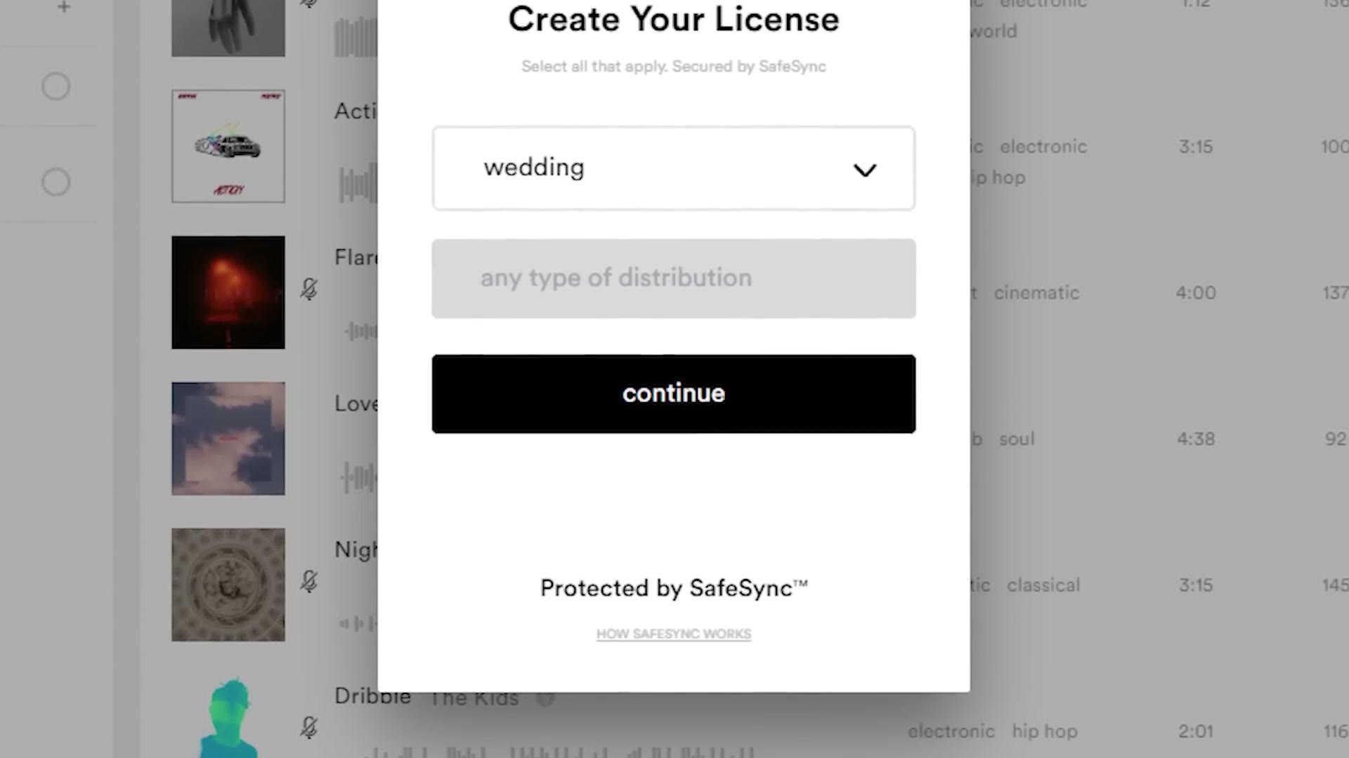 Audiio license builder showing a wedding license protected by SafeSync