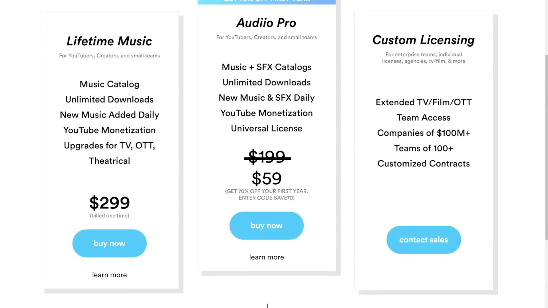 Audiio pricing showing a lifetime music plan at $299