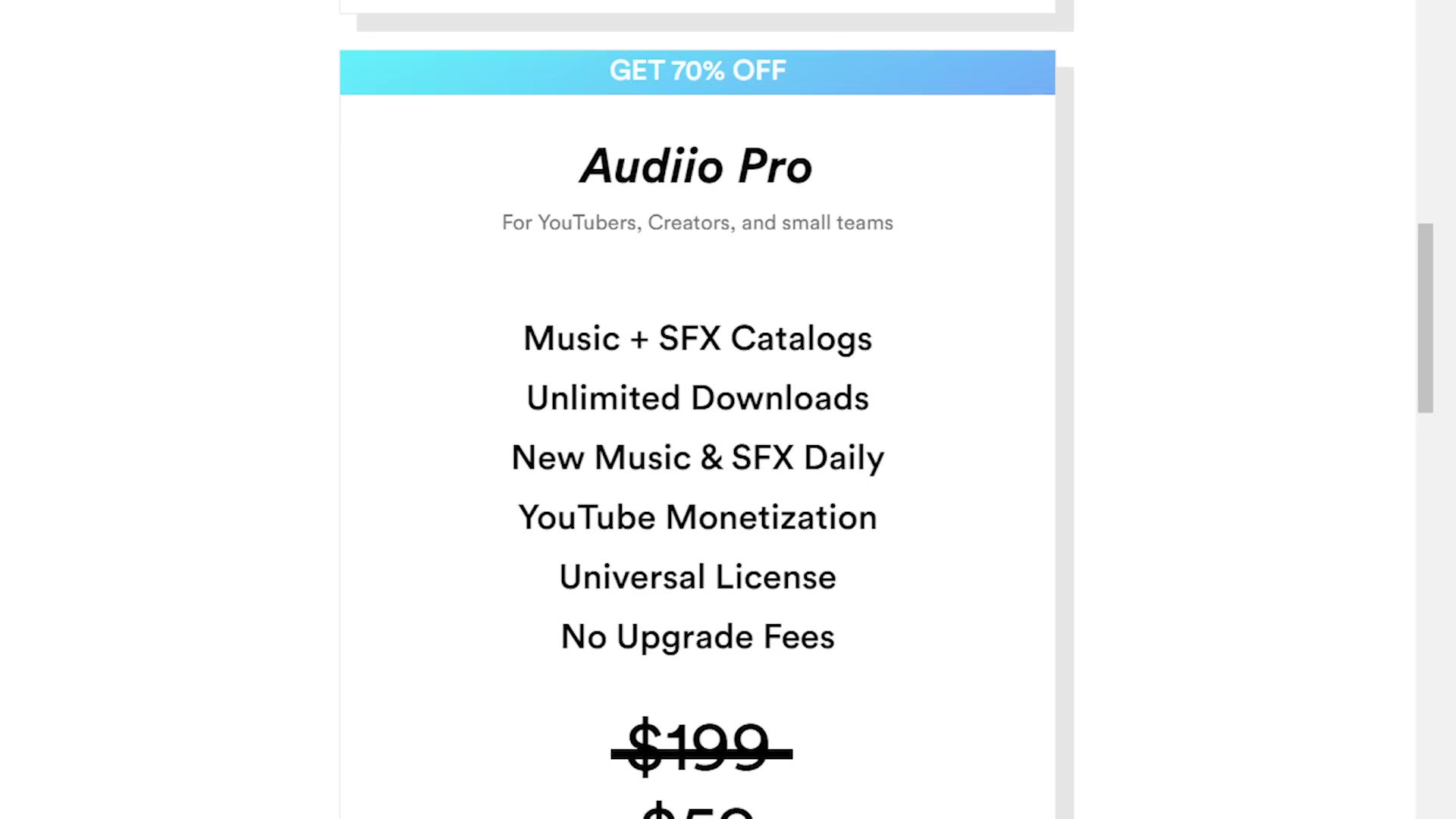 Audiio Pro pricing page showing $199 reduced to $59