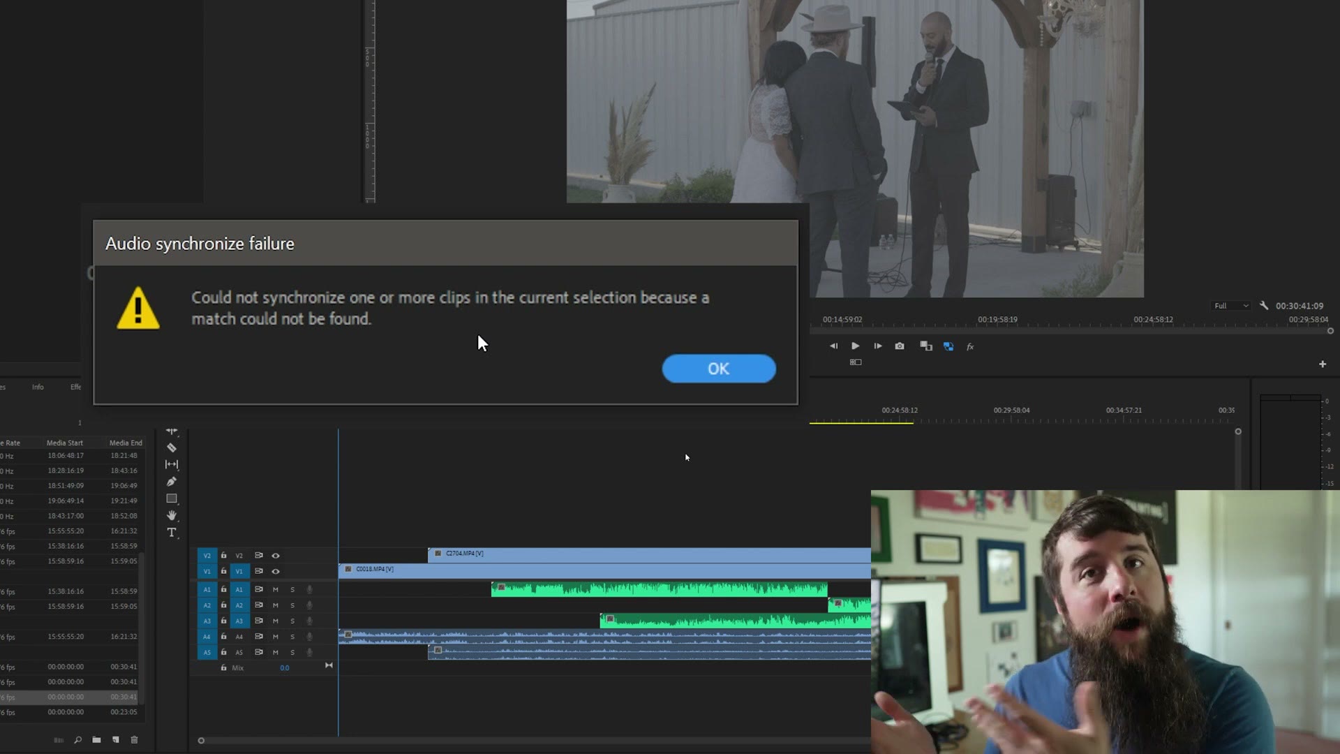 Audio synchronize failure warning in Premiere Pro