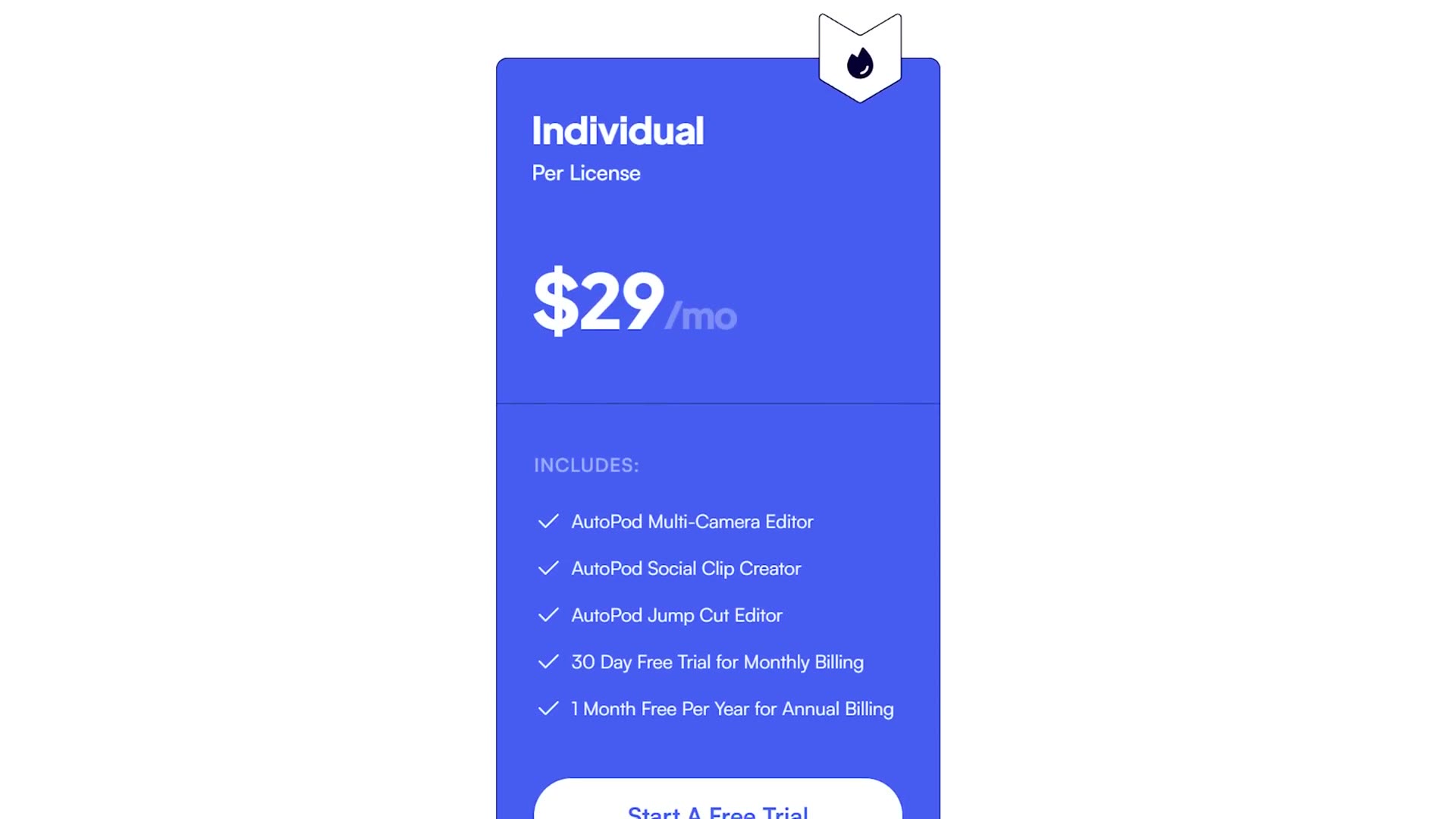 AutoPod's pricing page showing an individual licence at 29 dollars per month with a 30 day free trial