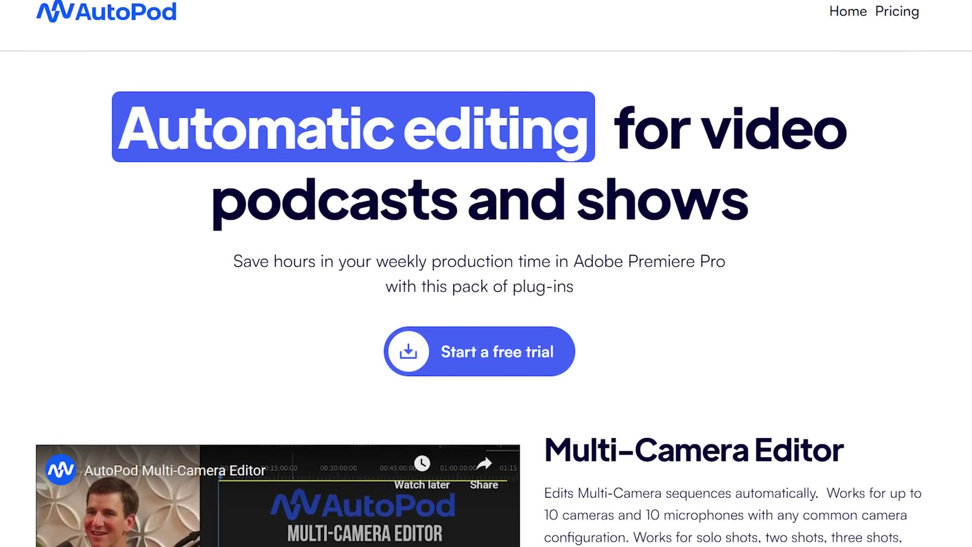The AutoPod website reading Automatic editing for video podcasts and shows