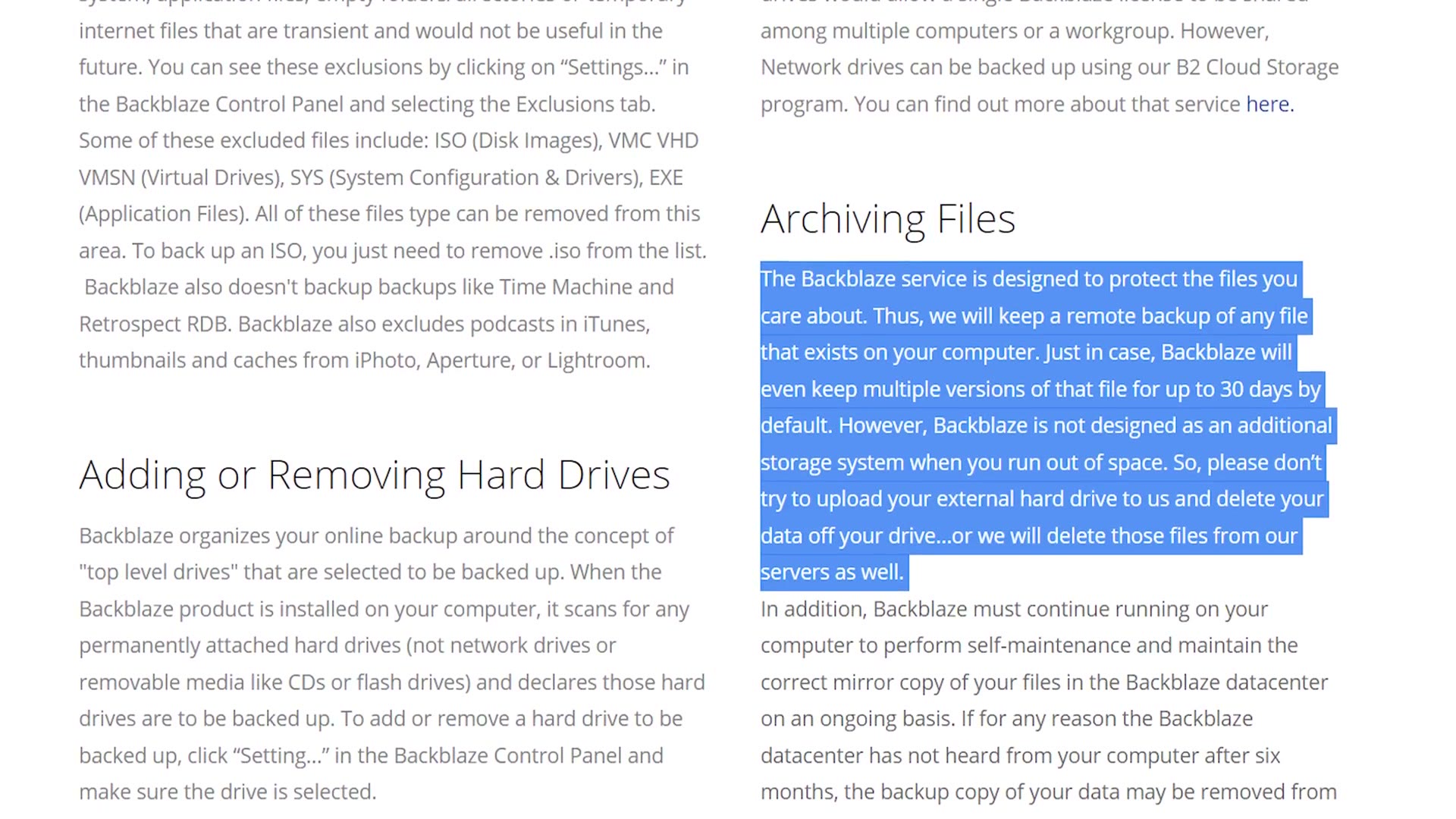Backblaze documentation explaining the 30 day rule for external drives