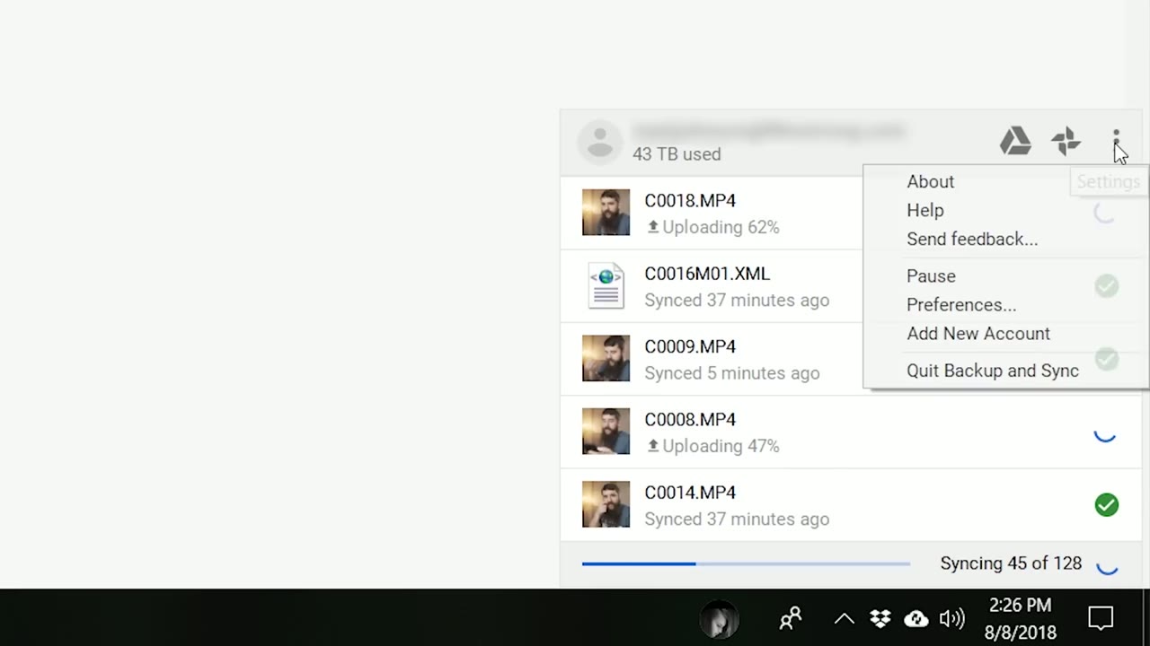 Backup and Sync app window showing MP4 clips uploading and synced, with 43 TB used at the top