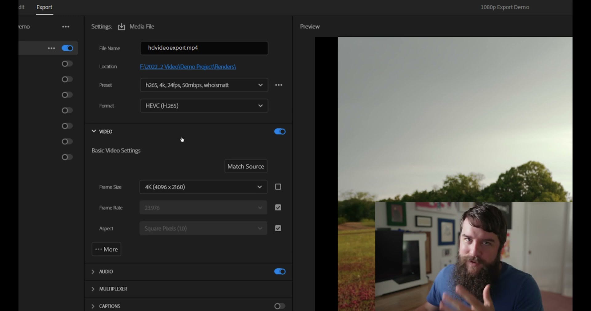 Basic Video Settings panel expanded in the export window