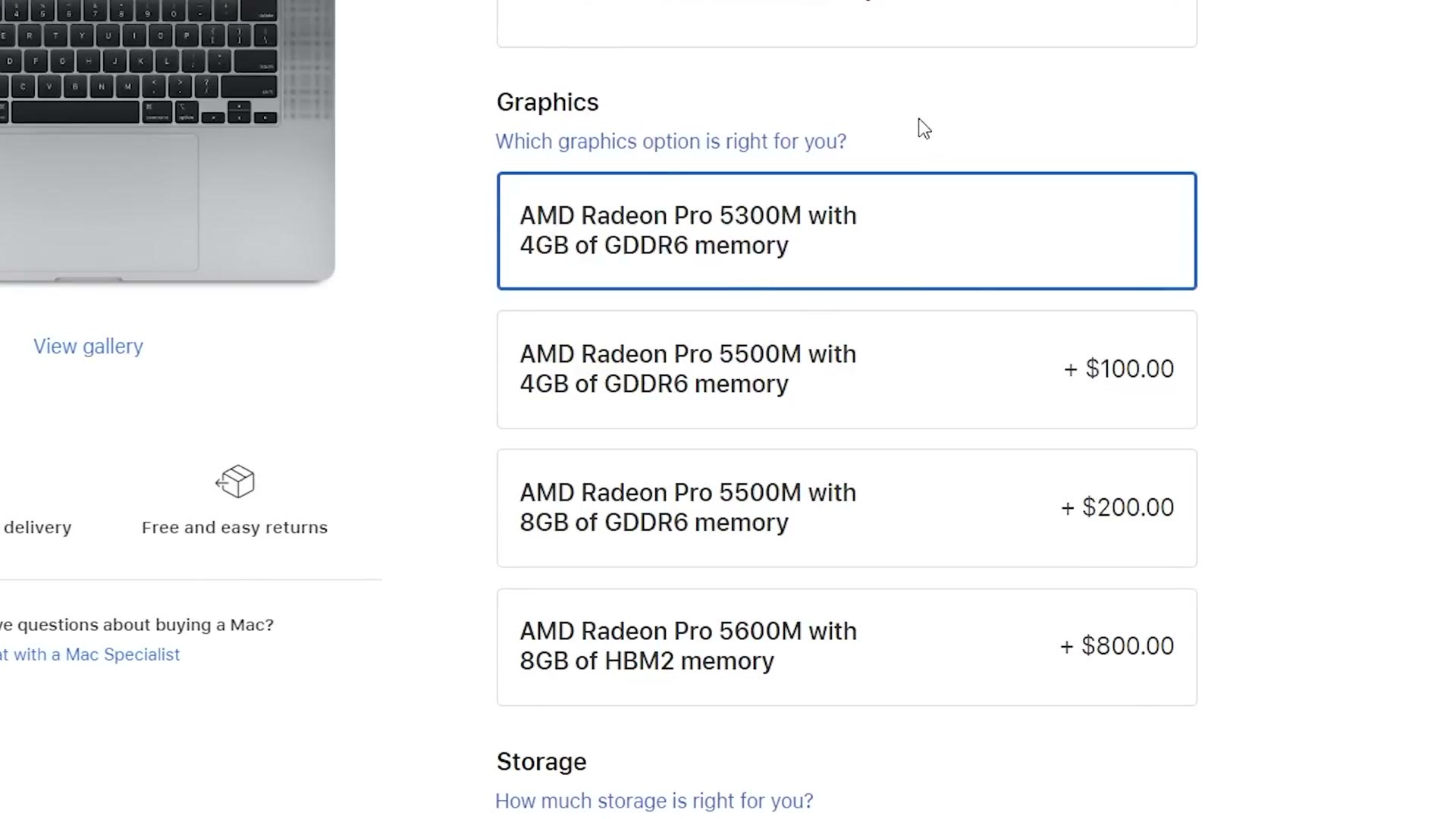 Apple's graphics options for the cheaper 16 inch MacBook Pro: Radeon Pro 5300M with 4GB selected, 5500M with 4GB for $100, 5500M with 8GB for $200, and 5600M with 8GB of HBM2 for $800.