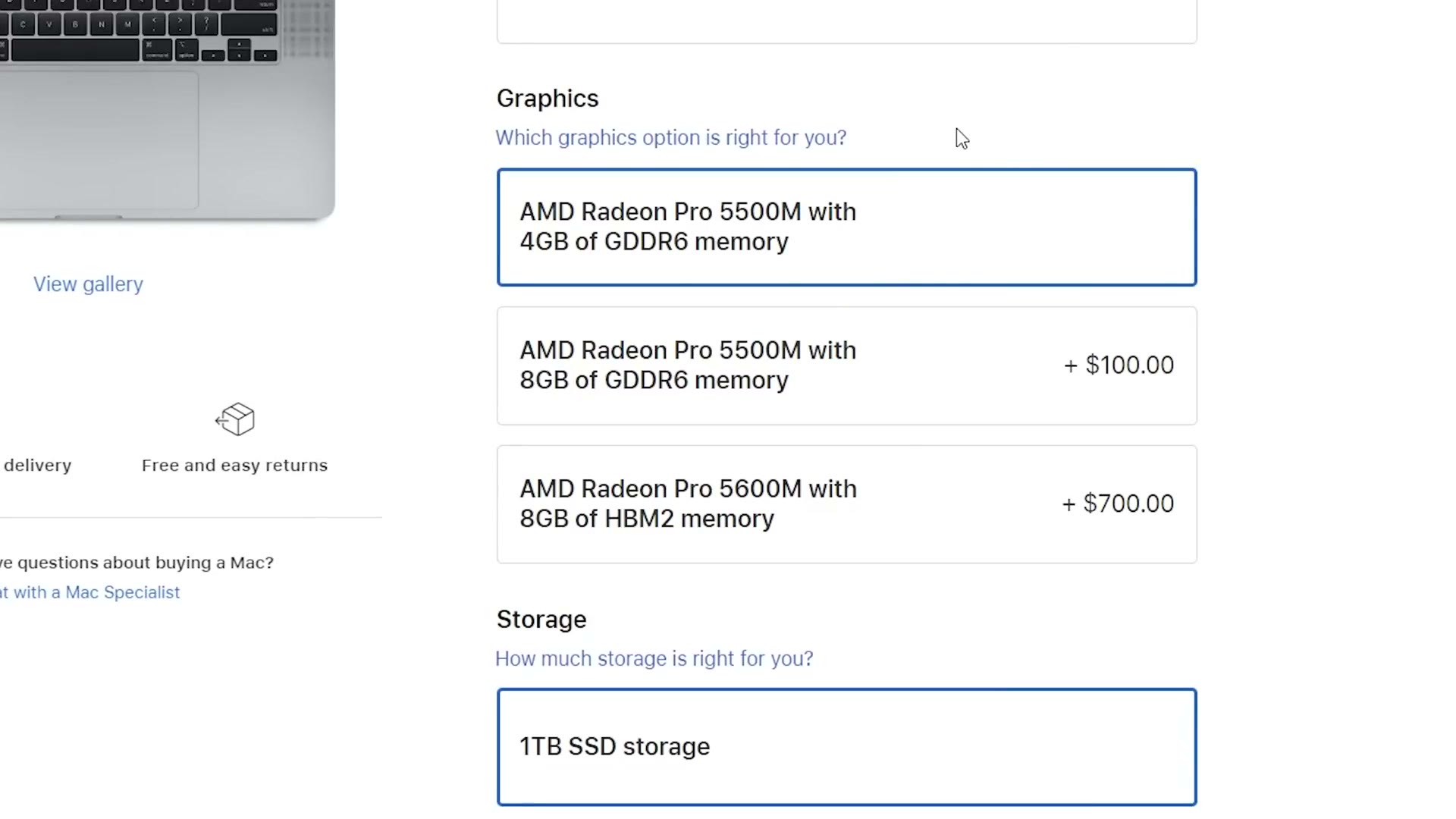 Apple's graphics options for the more expensive 16 inch MacBook Pro, where the 5500M with 4GB is the base and the 5600M with 8GB of HBM2 costs $700.