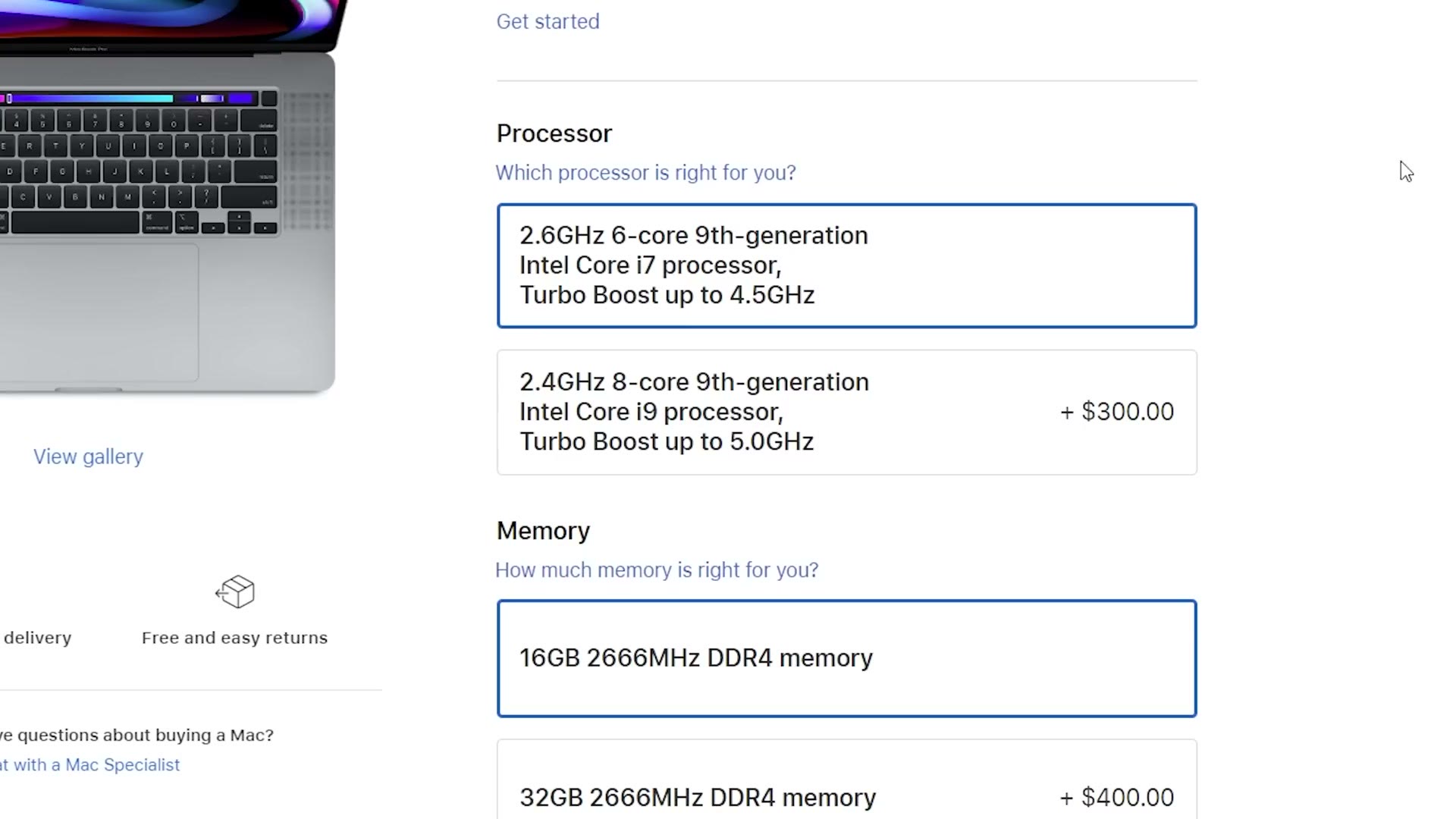 Apple's 16 inch MacBook Pro configuration page showing a 2.6GHz 6-core i7 selected, a 2.4GHz 8-core i9 for an extra $300, and memory options of 16GB or 32GB for an extra $400.