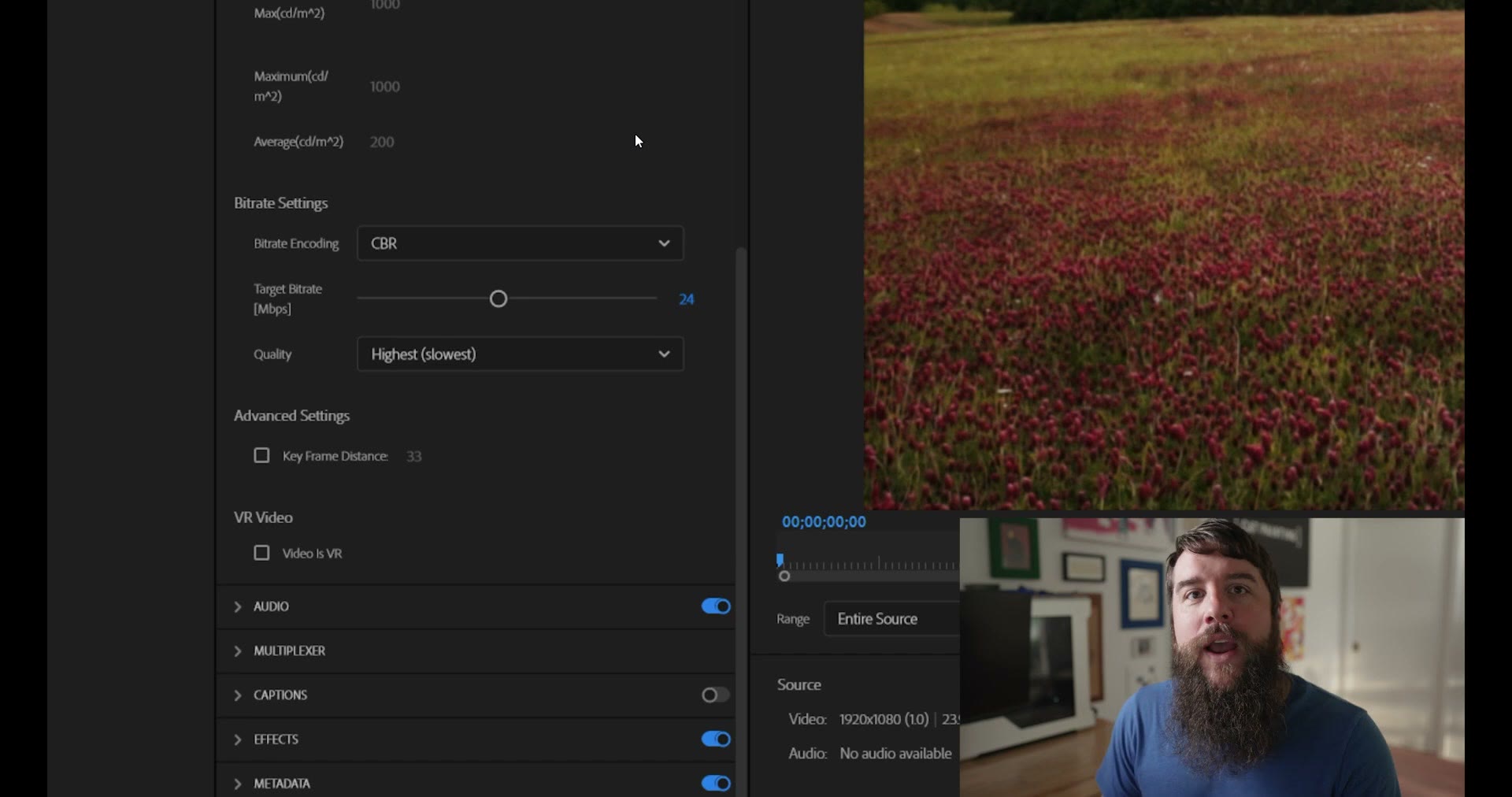 Bitrate settings showing CBR encoding and Highest slowest quality