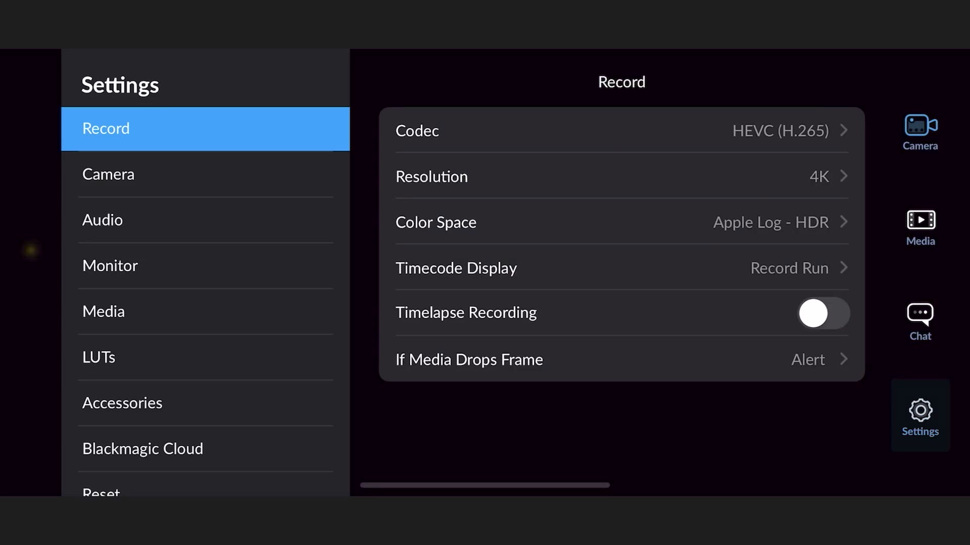 The Blackmagic Camera app settings showing HEVC H.265, 4K and Apple Log HDR