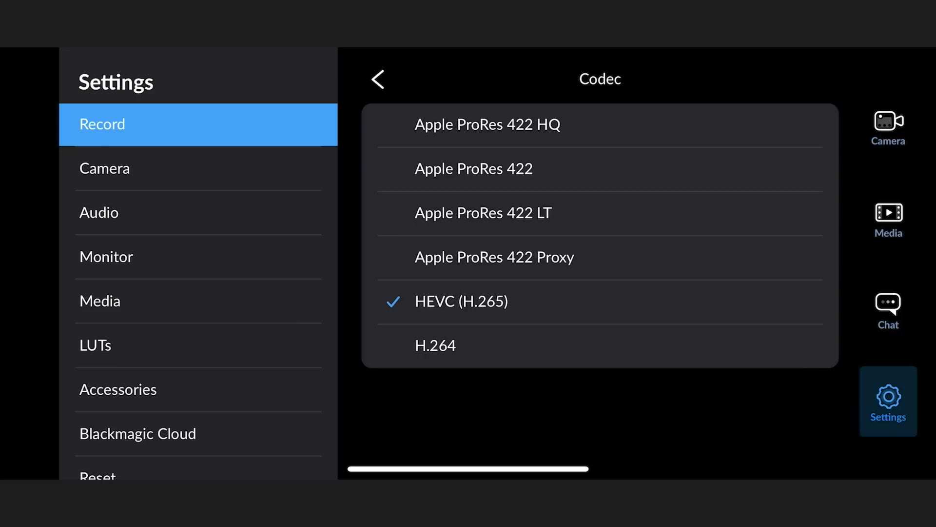 The Blackmagic Camera app codec list with HEVC H.265 selected