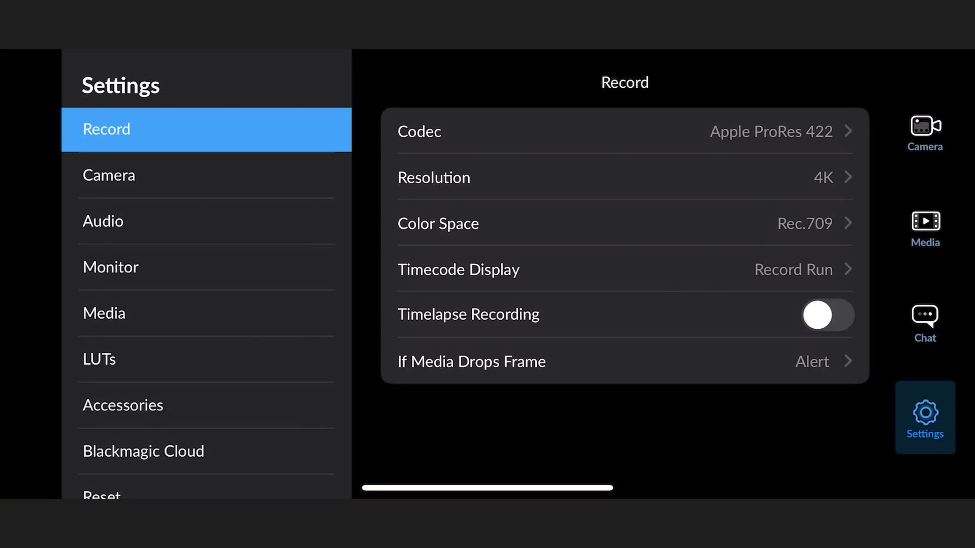 The Blackmagic Camera app settings menu showing the default codec of Apple ProRes 422 and Rec.709 colour space