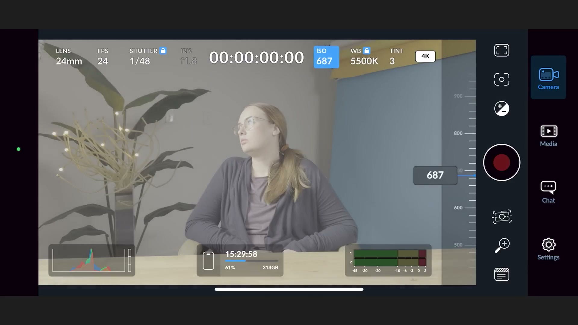 The Blackmagic Camera app camera view with shutter locked and ISO raised
