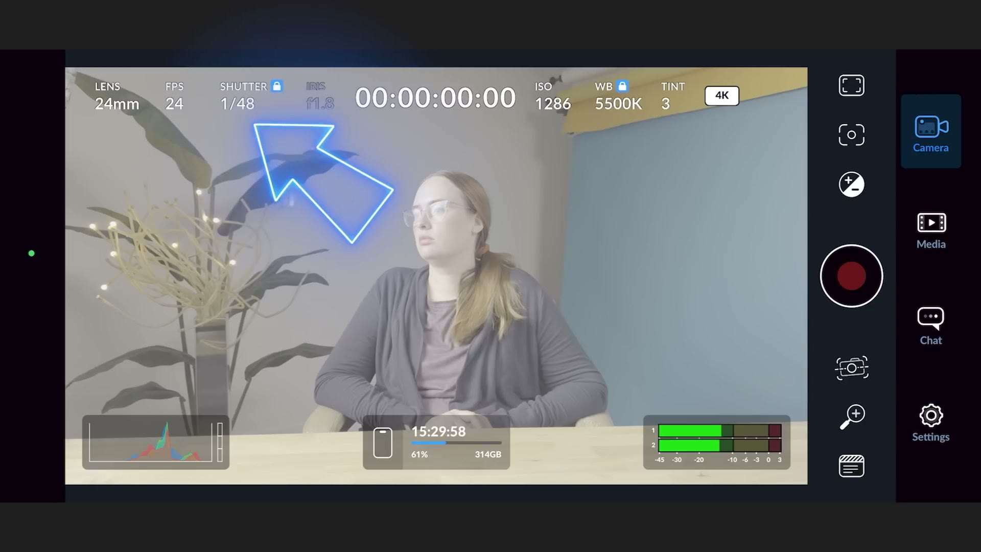 The Blackmagic Camera app showing ISO raised to around 1266 with shutter locked at 1/48