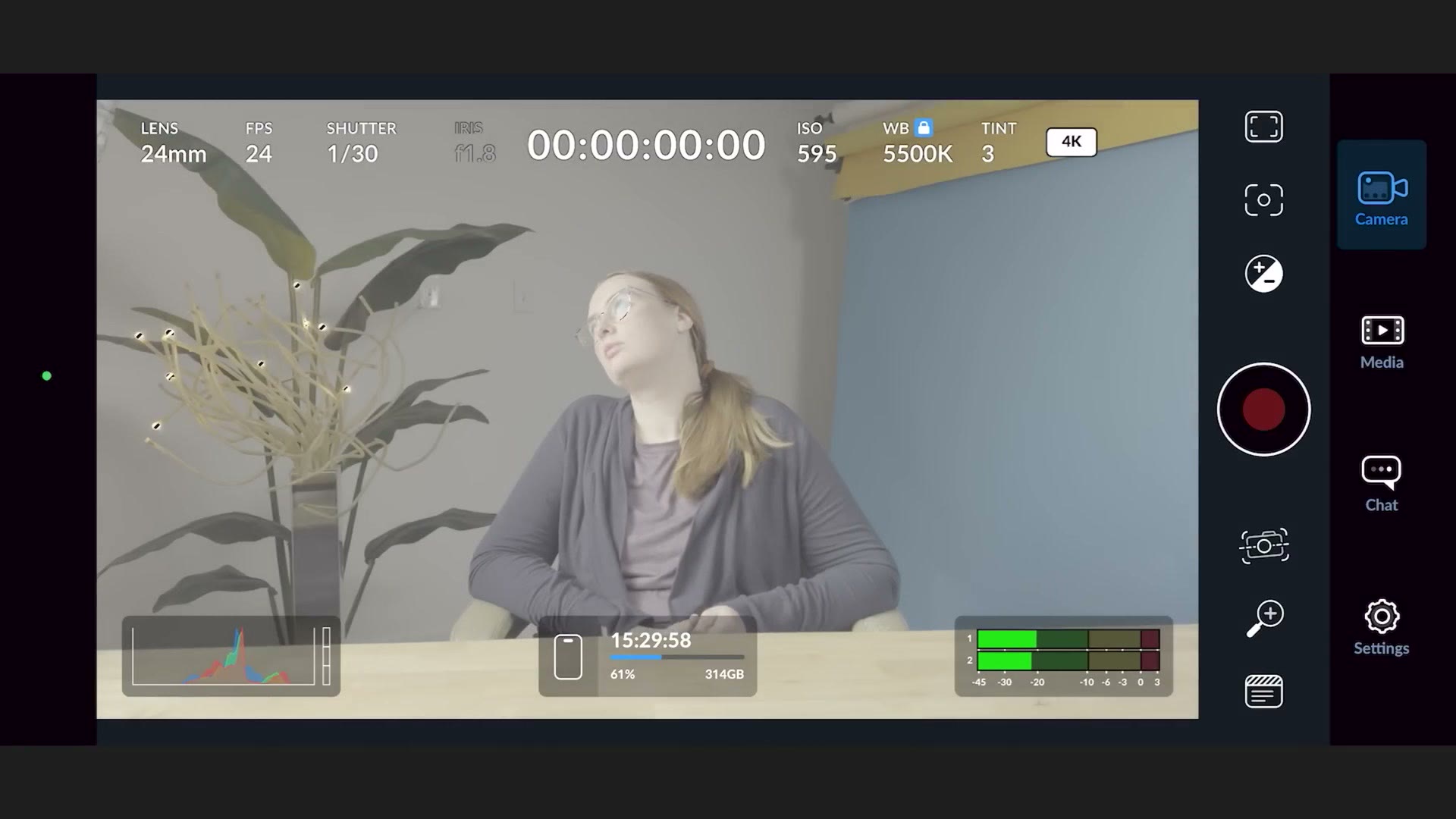 The Blackmagic Camera app camera view with all recording settings dialled in