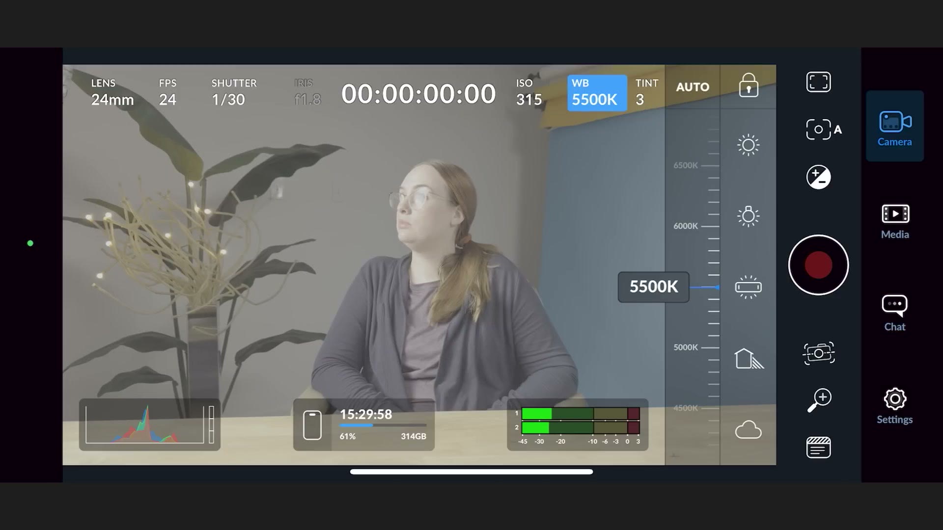 The Blackmagic Camera app camera view with white balance locked to 5500K