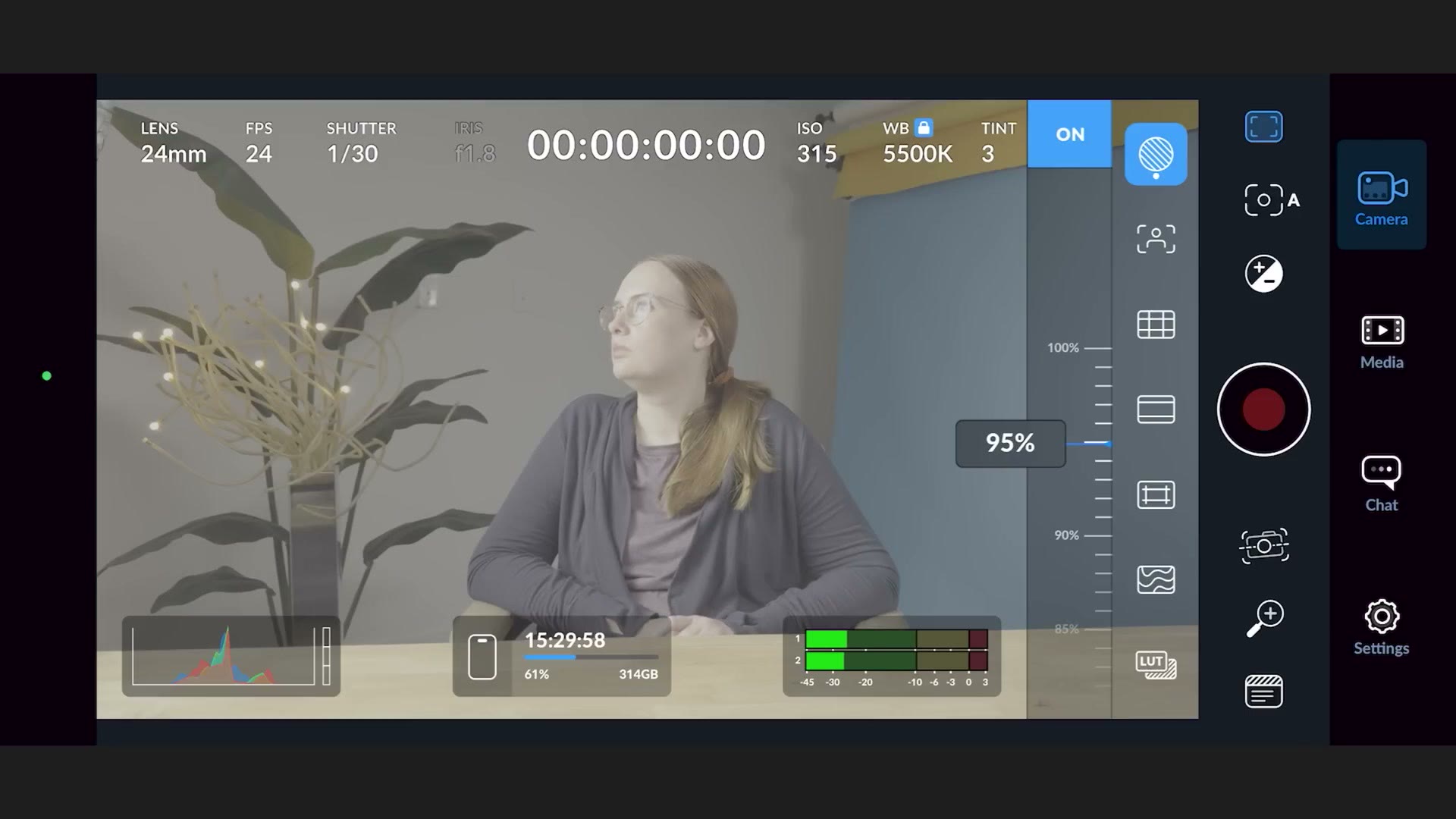 The Blackmagic Camera app zebra threshold slider set to 95%