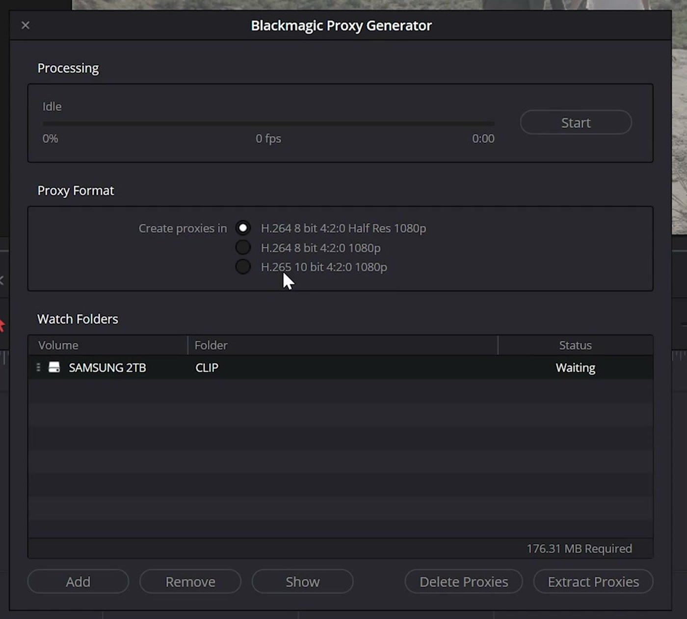 Blackmagic Proxy Generator showing its three proxy format options