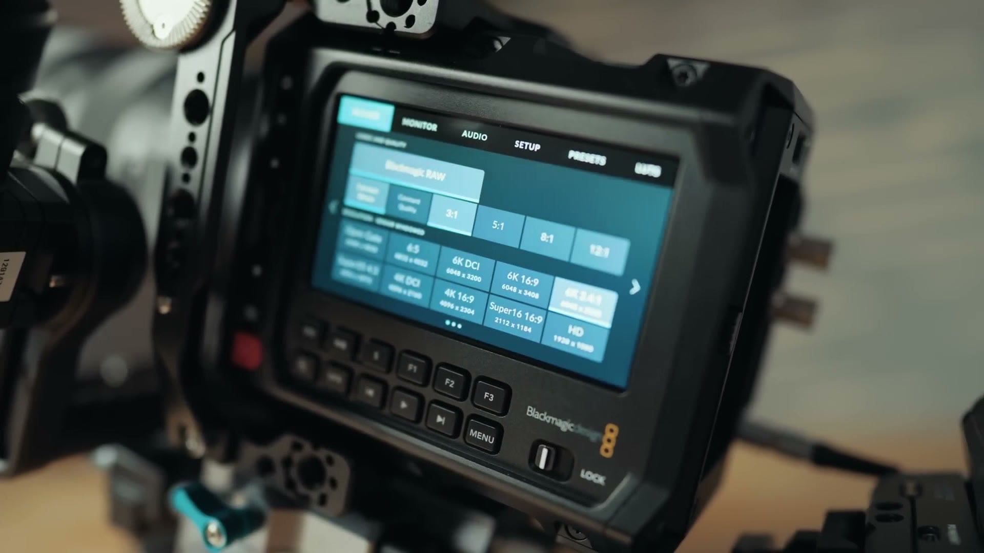 The Pyxis side screen showing the Blackmagic RAW codec and resolution menu