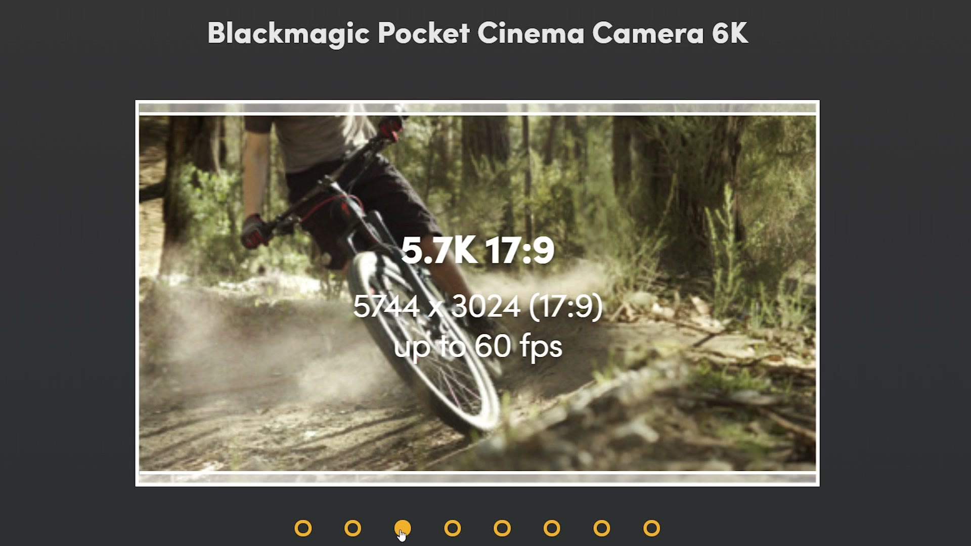 Blackmagic spec slide reading 5.7K 17:9, 5744 x 3024 (17:9), up to 60 fps