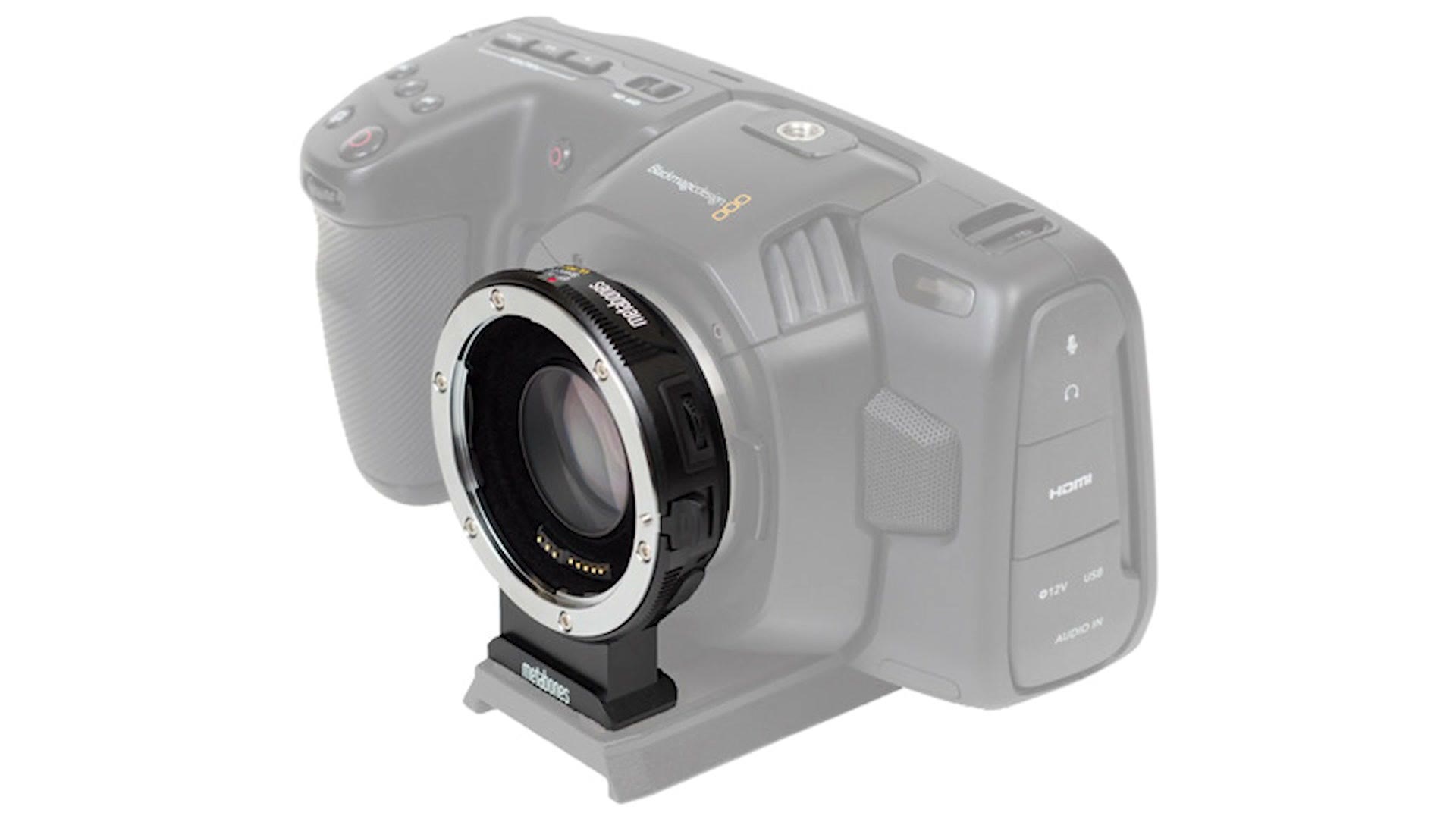 Metabones speed booster mounted on a ghosted outline of a Blackmagic Pocket Cinema Camera body