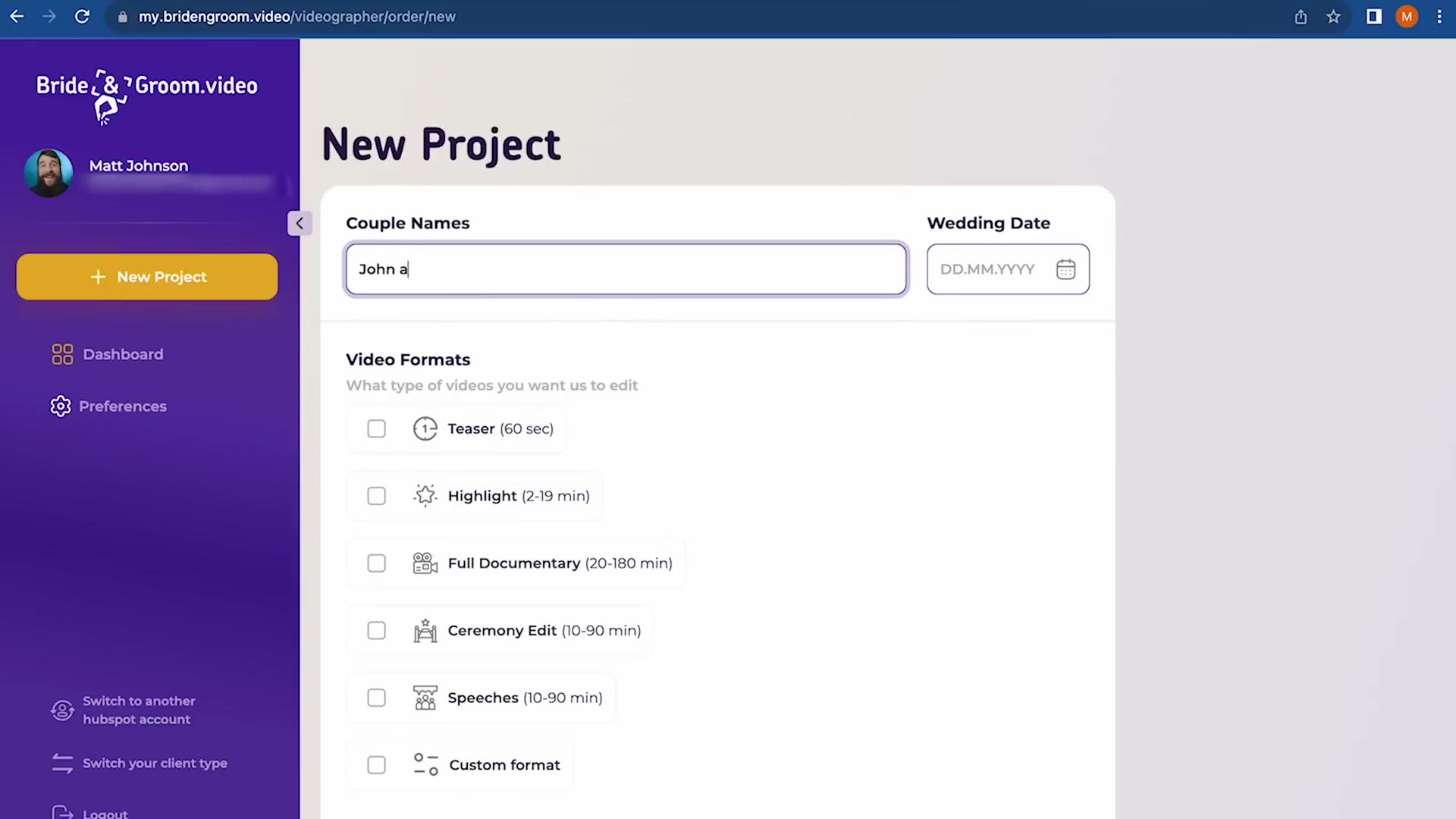 The Bride and Groom Video new project ordering interface showing video formats for teaser, highlight, full documentary, ceremony edit and speeches