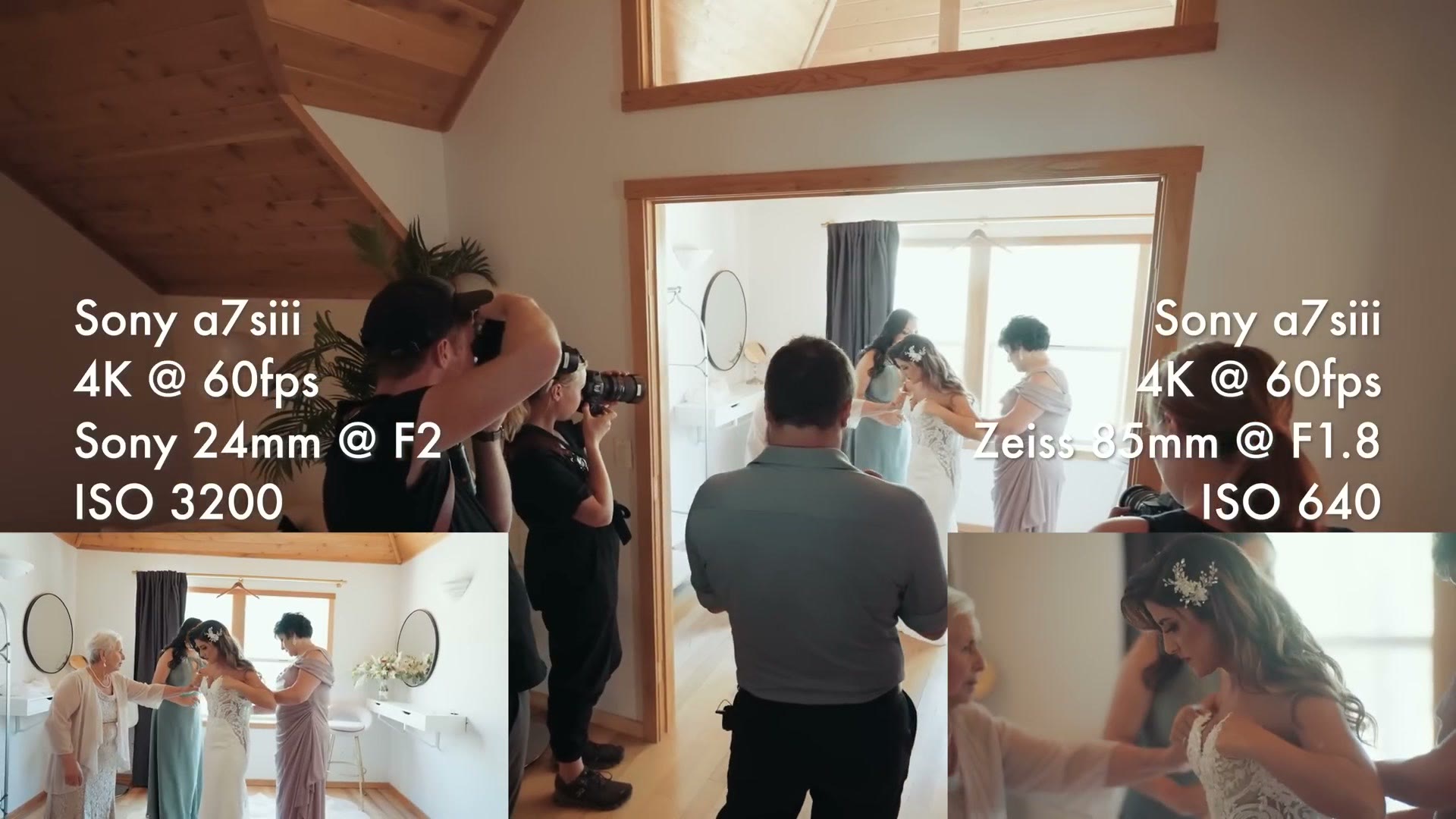 The bride getting into her dress with the videographers filming