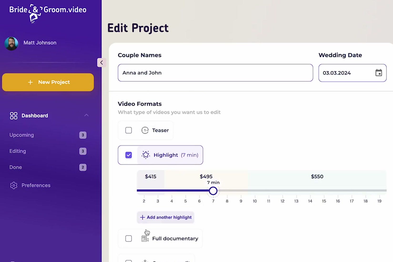 Bride and Groom Video edit project page showing highlight pricing