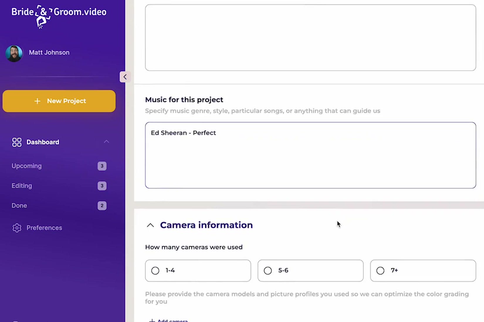 The Bride and Groom Video project submission form