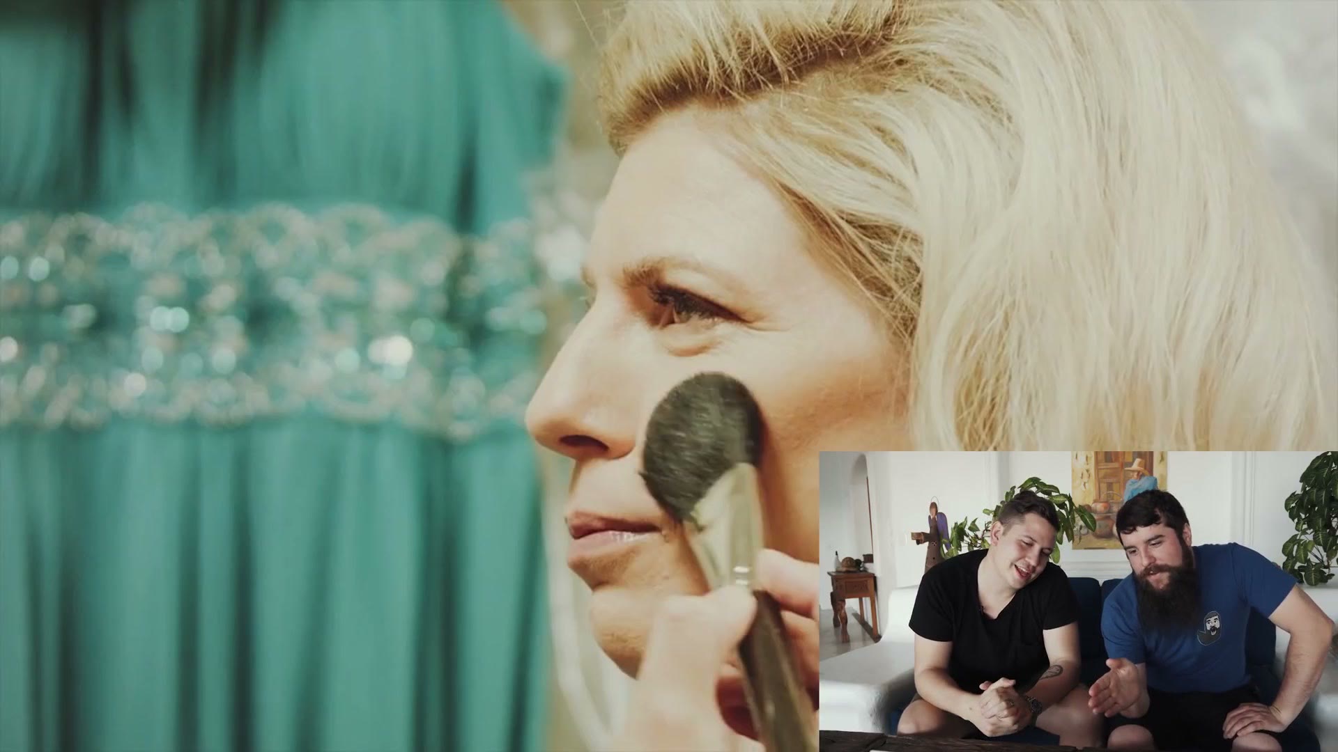 A wedding makeup shot with a strongly teal background and heavily orange skin tones, badly white balanced.