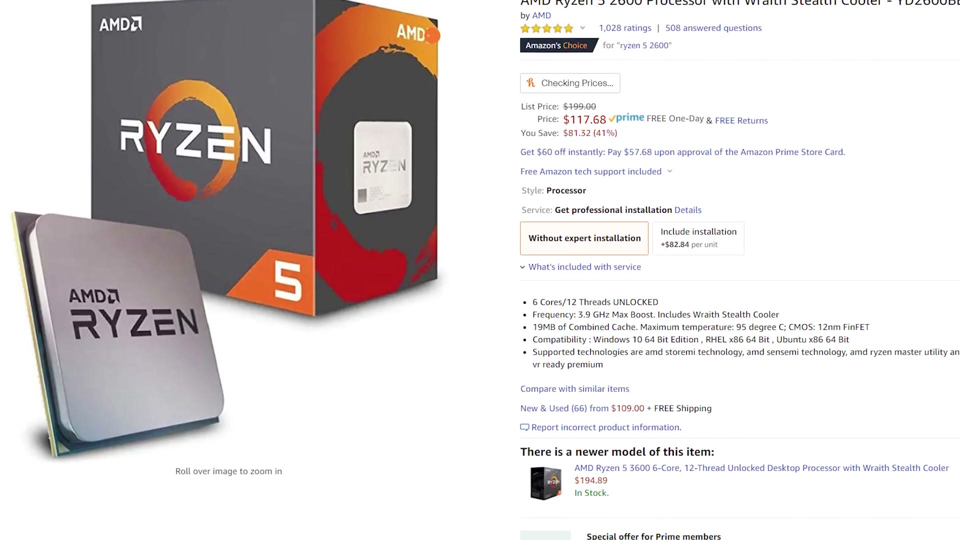 An Amazon listing for the AMD Ryzen 5 2600 processor with Wraith Stealth cooler, priced at $117.68 down from a $199 list price, with six cores and twelve threads in the spec list
