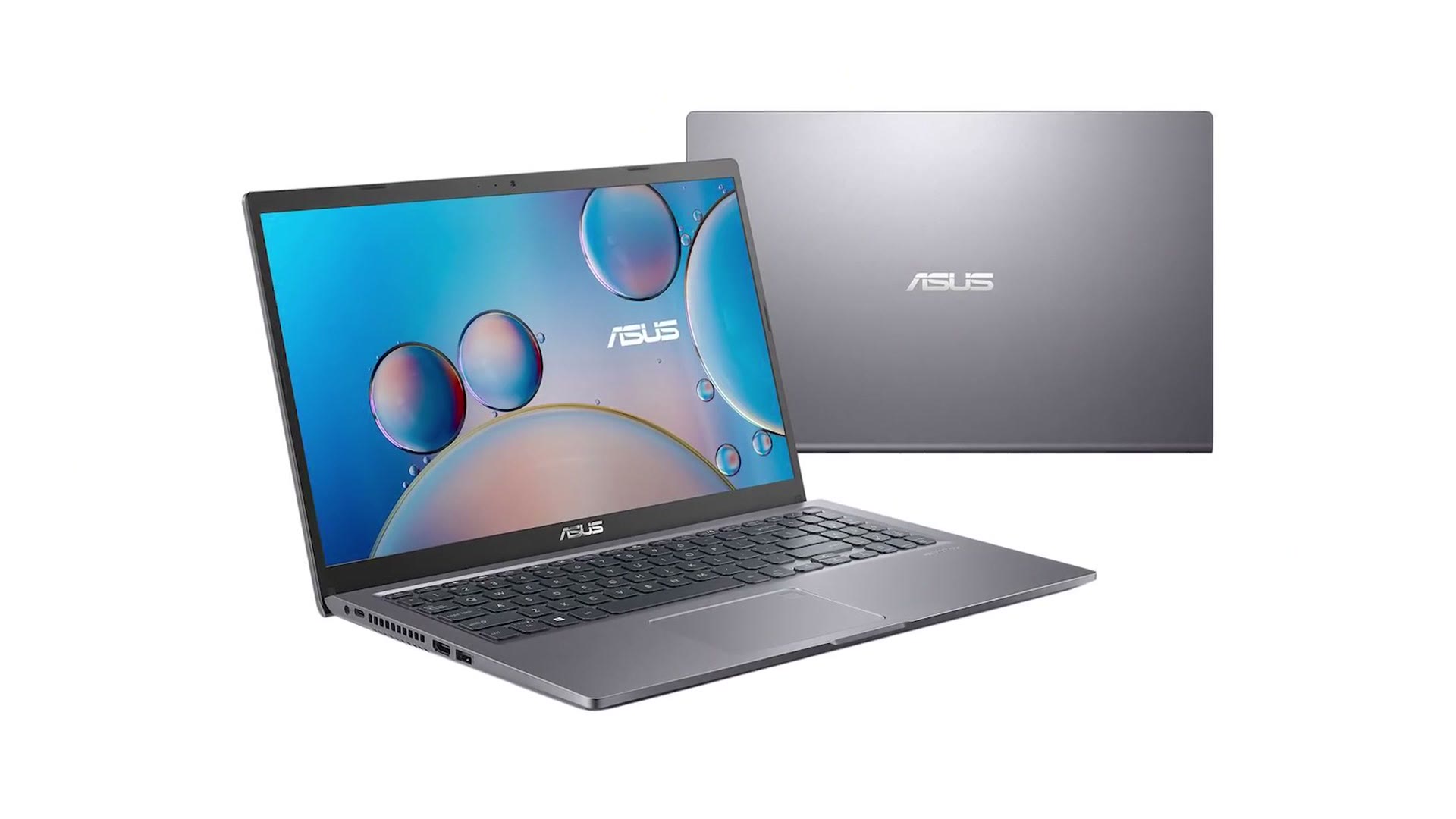 An ASUS VivoBook laptop shown open from the front and closed from behind, showing the grey lid with the ASUS logo