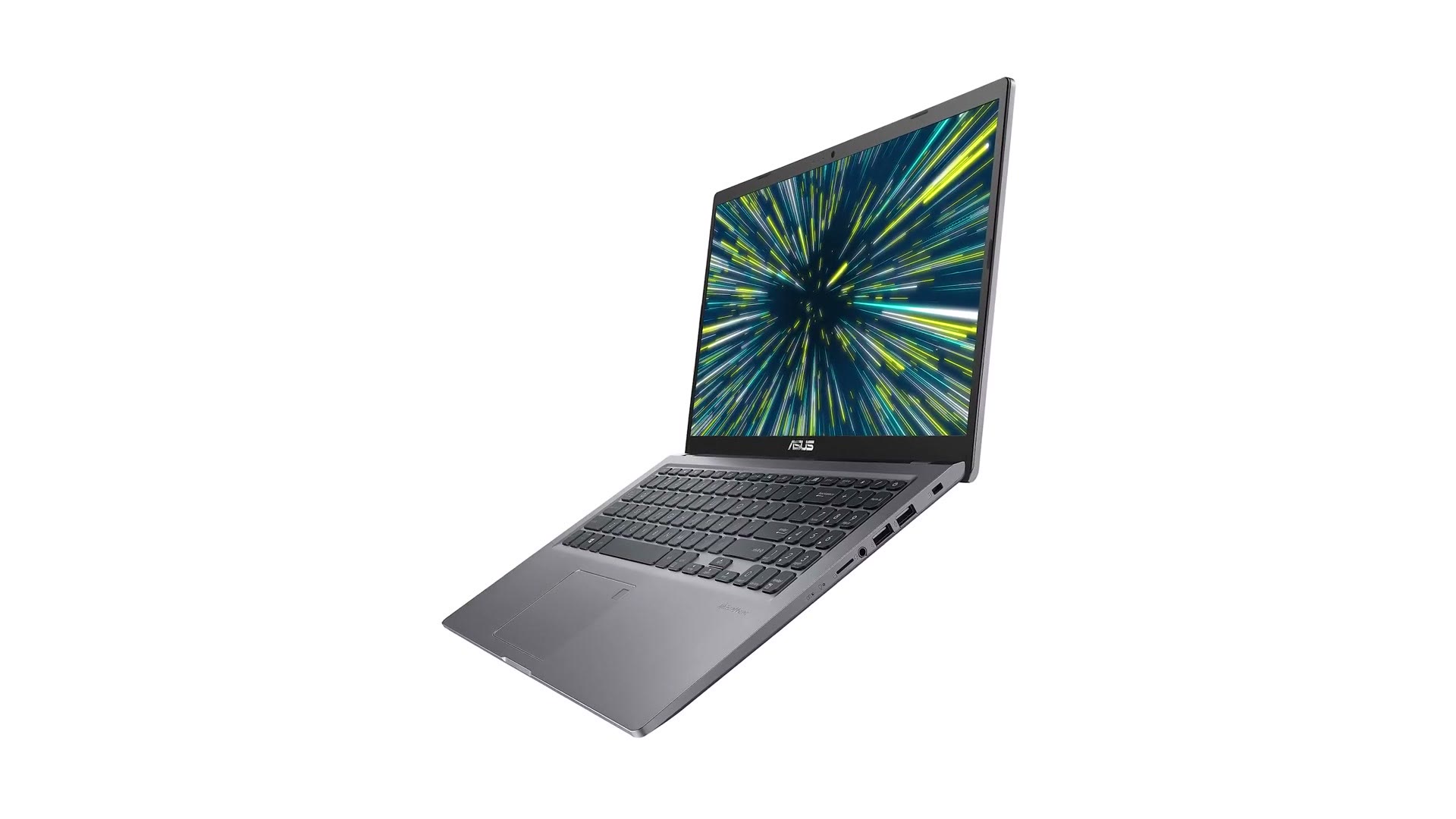 An ASUS VivoBook laptop open at an angle, showing the keyboard and the ports along the right side