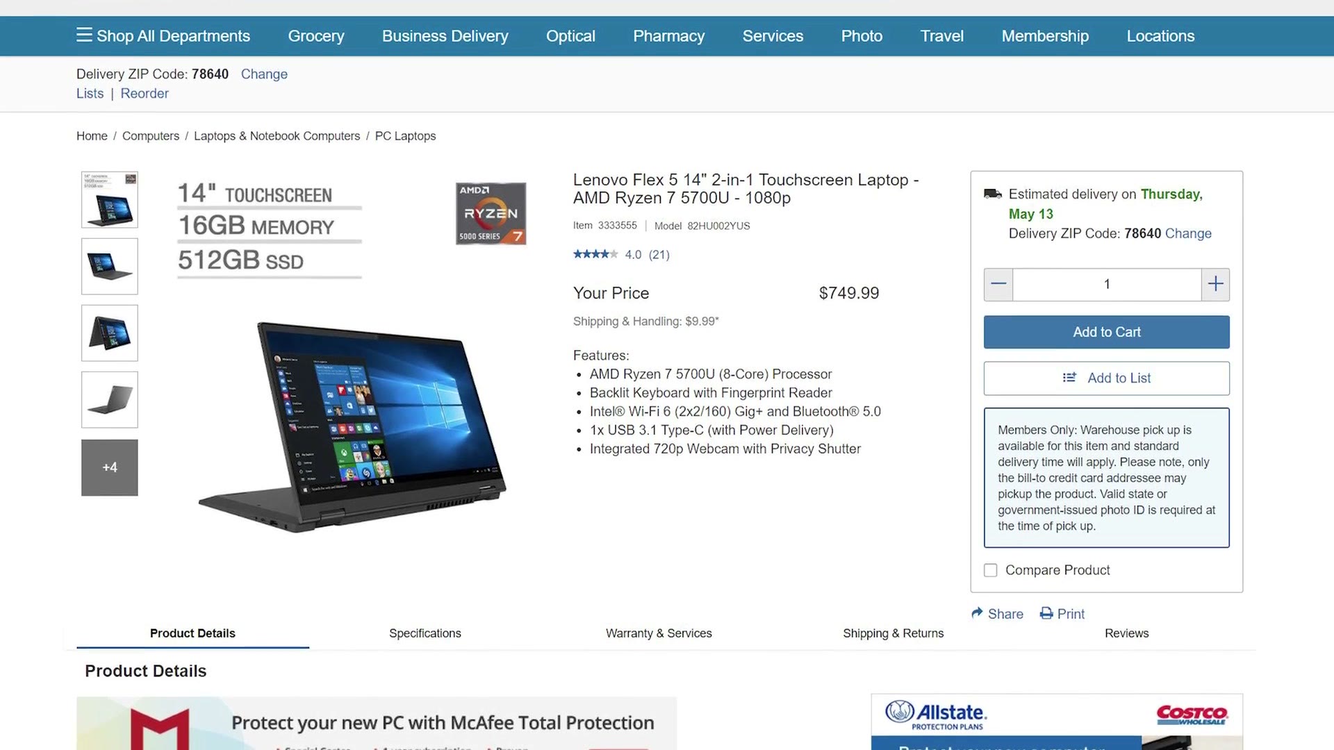 A Costco product page for a Lenovo Flex 5 14 inch 2-in-1 touchscreen laptop with AMD Ryzen 7 5700U, 16GB memory and a 512GB SSD, priced at 749.99 dollars