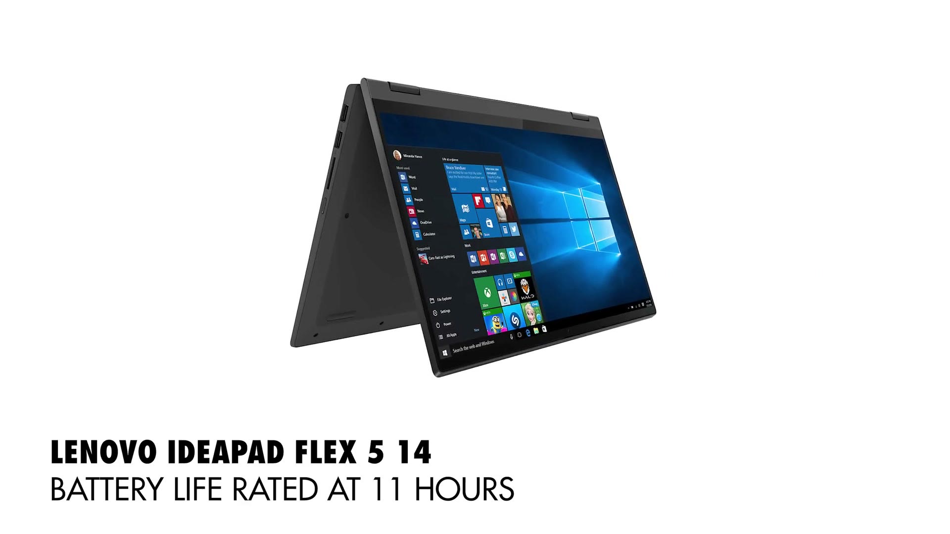 A Lenovo IdeaPad Flex 5 folded into tent mode, with on screen text reading battery life rated at 11 hours
