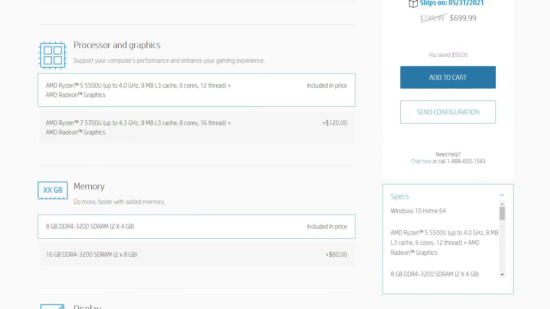 HP's laptop configuration page showing processor options, the Ryzen 5 5500U included in price and the Ryzen 7 5700U at plus 120 dollars