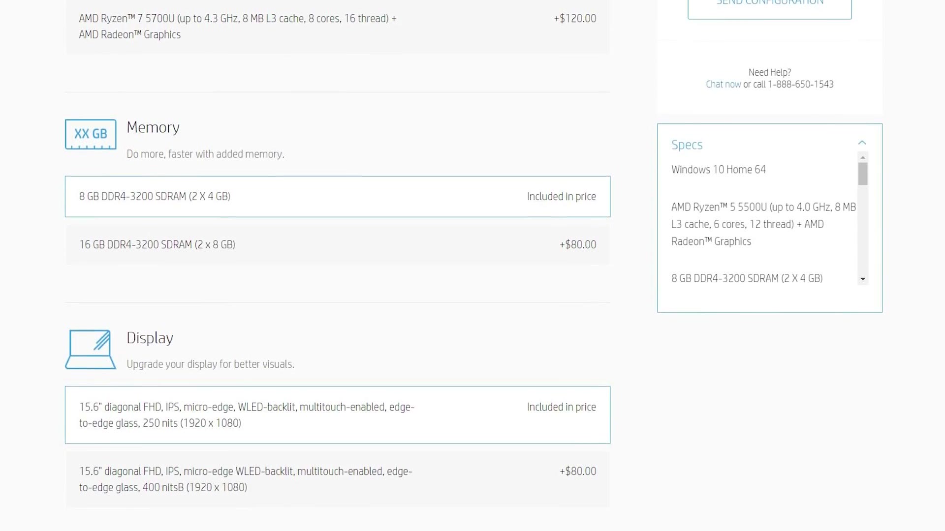 HP's configuration page showing two display options, a 250 nit panel included in price and a 400 nit panel at plus 80 dollars